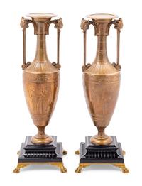 A Pair of French Neoclassical Gilt Bronze Urns by Henry Cahieux (French, 1825-1854)