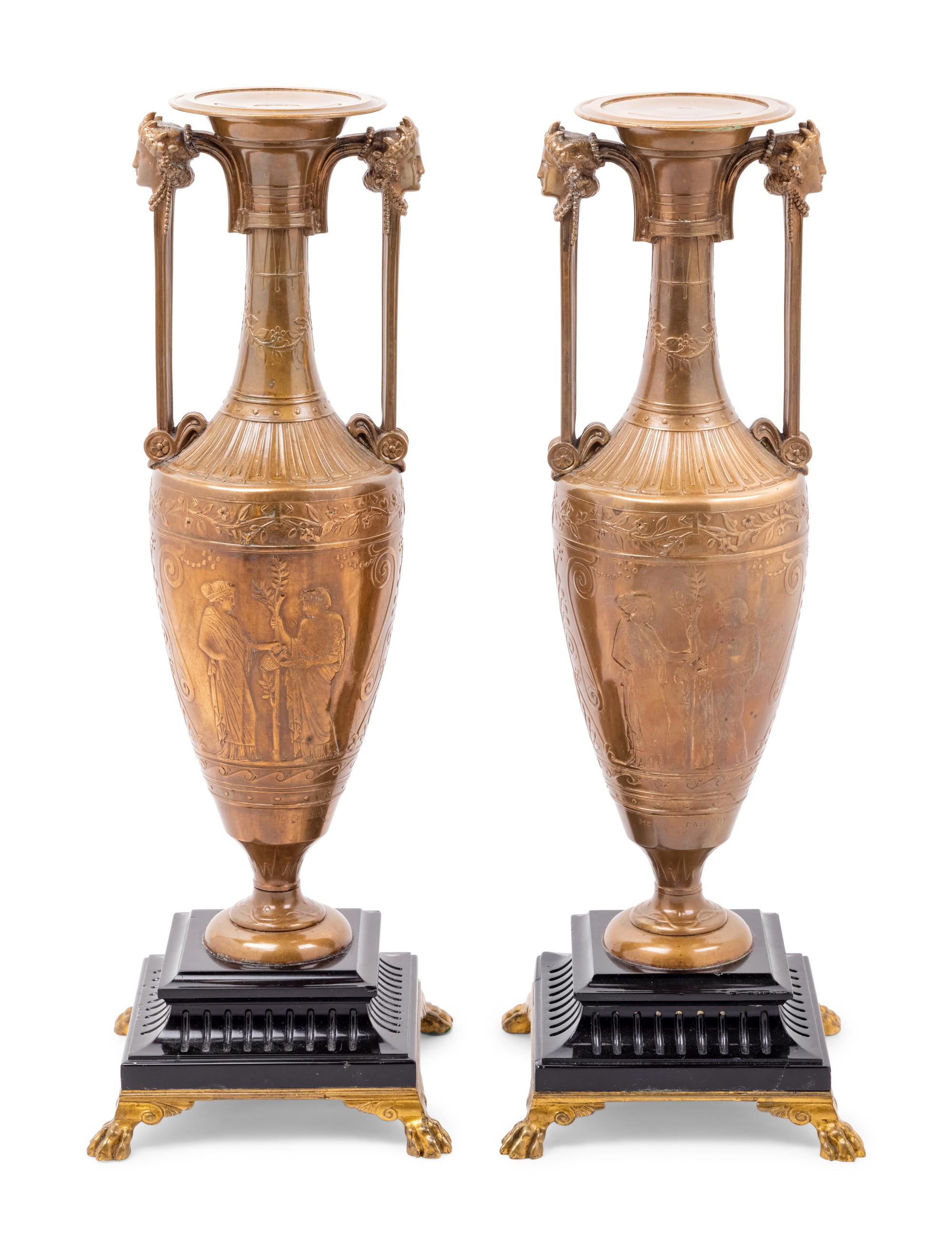 A Pair of French Neoclassical Gilt Bronze Urns by Henry Cahieux (French, 1825-1854)