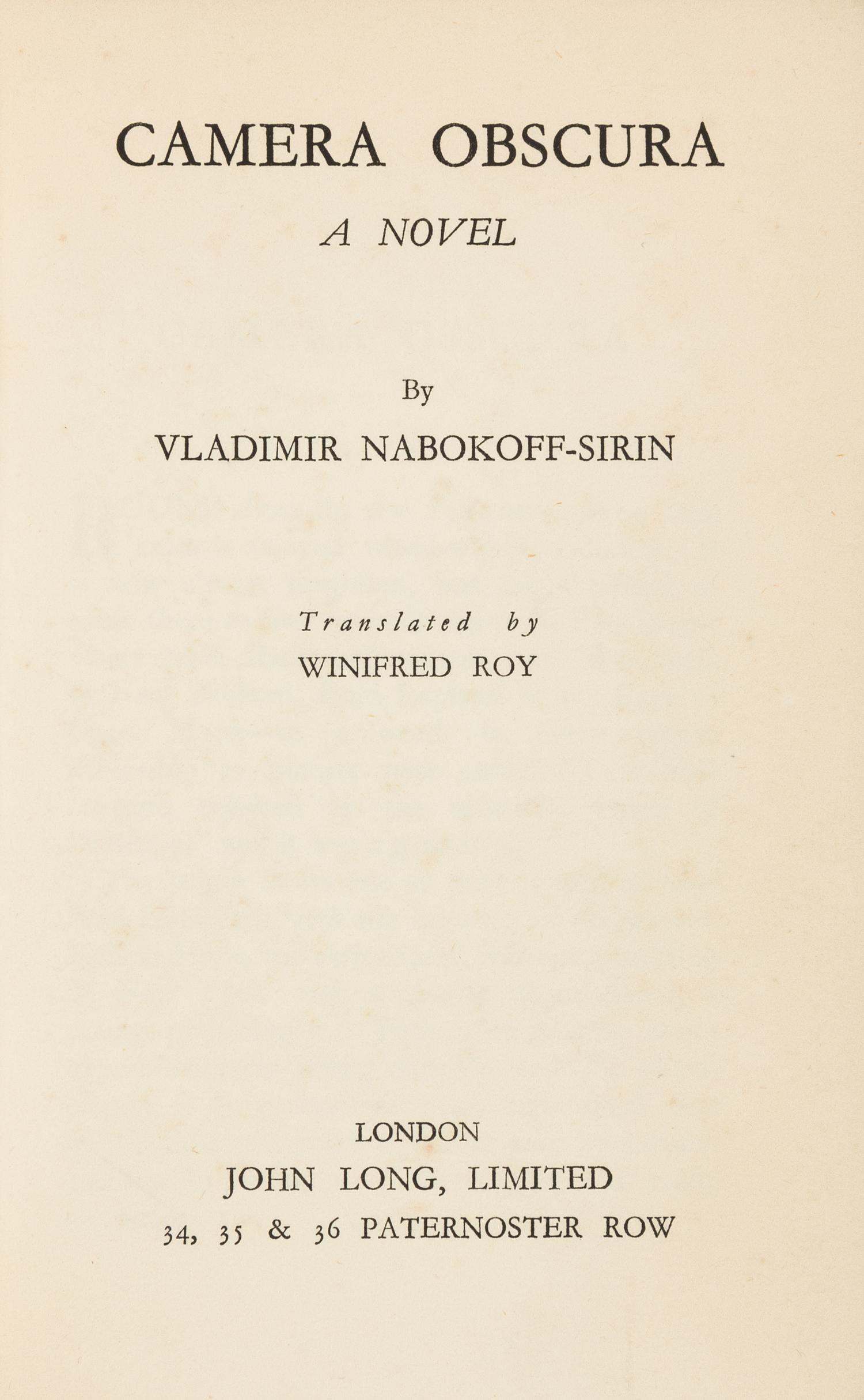 NABOKOV, Vladimir (1899-1977). Camera Obscura. London: John Long, [1936]. FIRST ENGLISH EDITION, VERY RARE.