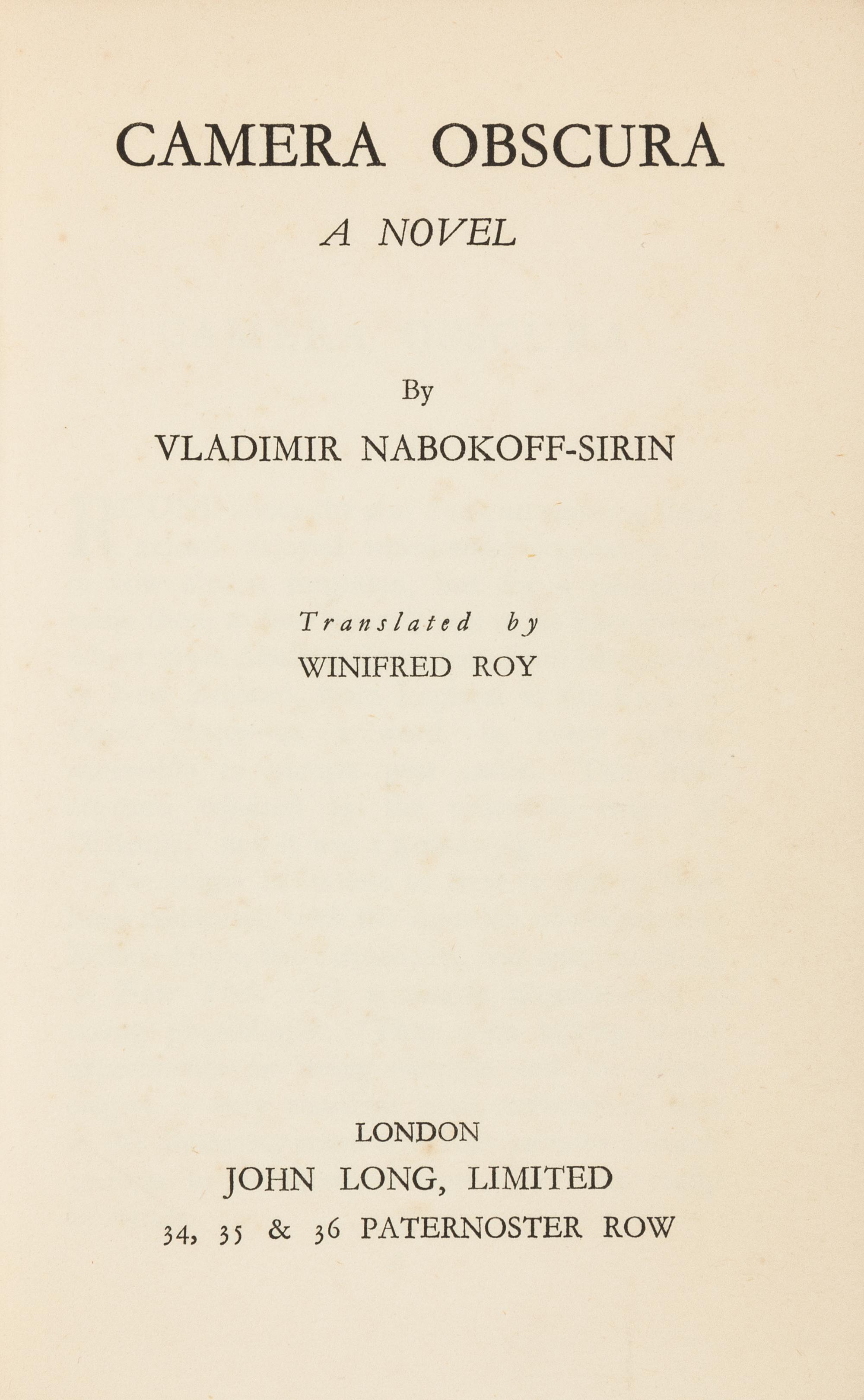 NABOKOV, Vladimir (1899-1977). Camera Obscura. London: John Long, [1936]. FIRST ENGLISH EDITION, VERY RARE.