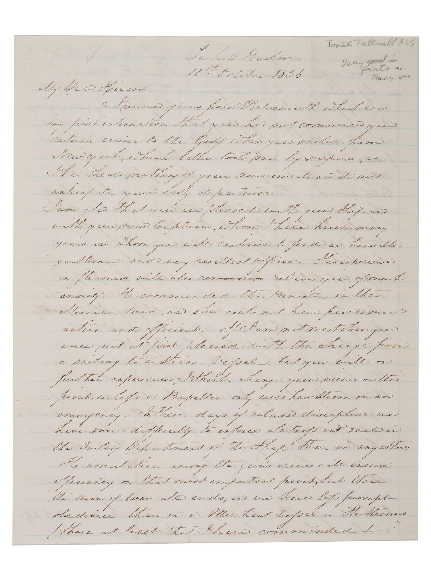 [US NAVY]. TATTNALL, Commodore Josiah (1795-1871). Correspondence from Josiah Tattnall III to his longtime friend Commodore Hiram Paulding, 1830s-1850s. [ With: ] Paulding's manuscript account of their friendship.