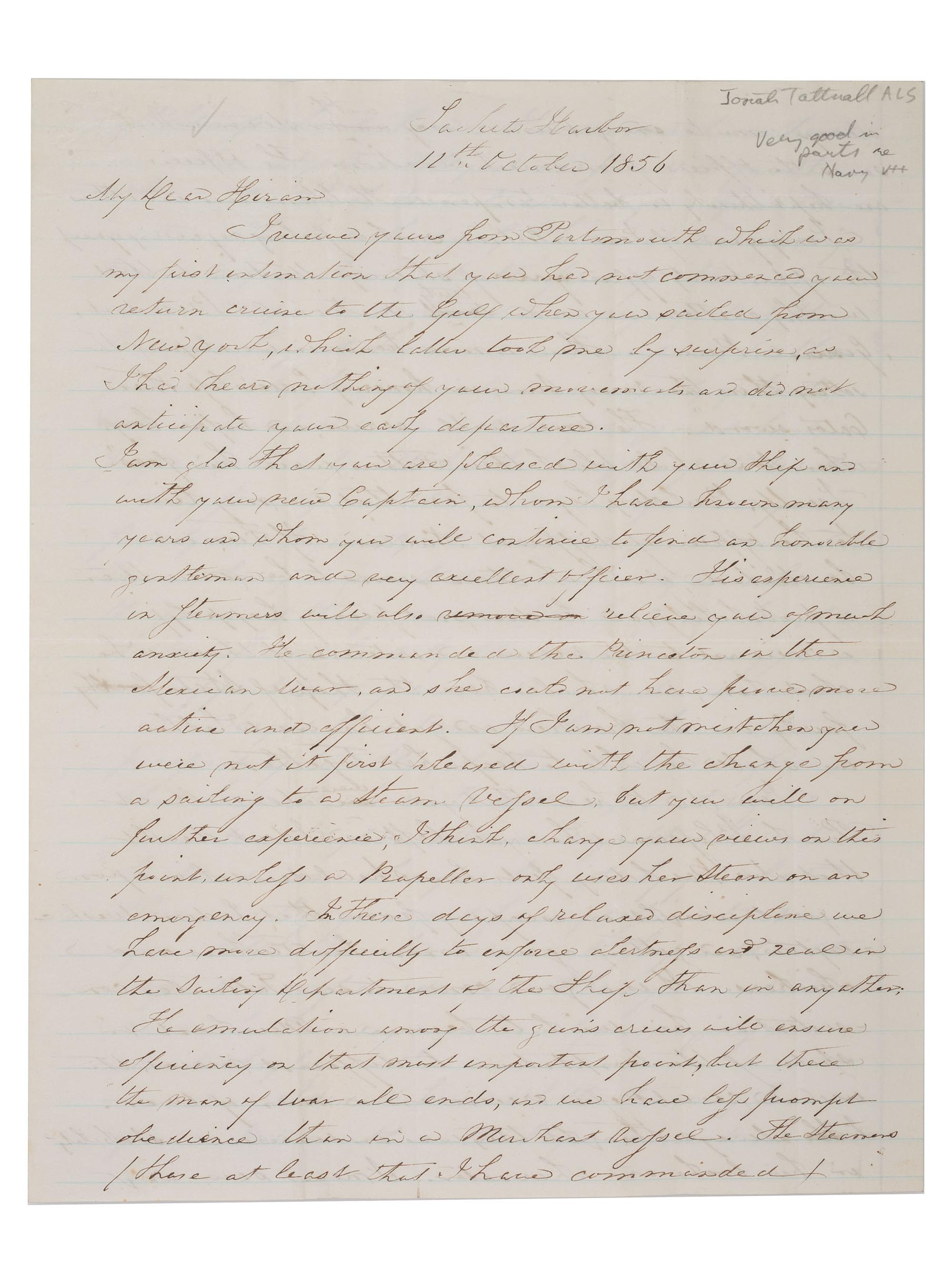 [US NAVY]. TATTNALL, Commodore Josiah (1795-1871). Correspondence from Josiah Tattnall III to his longtime friend Commodore Hiram Paulding, 1830s-1850s. [ With: ] Paulding's manuscript account of their friendship.