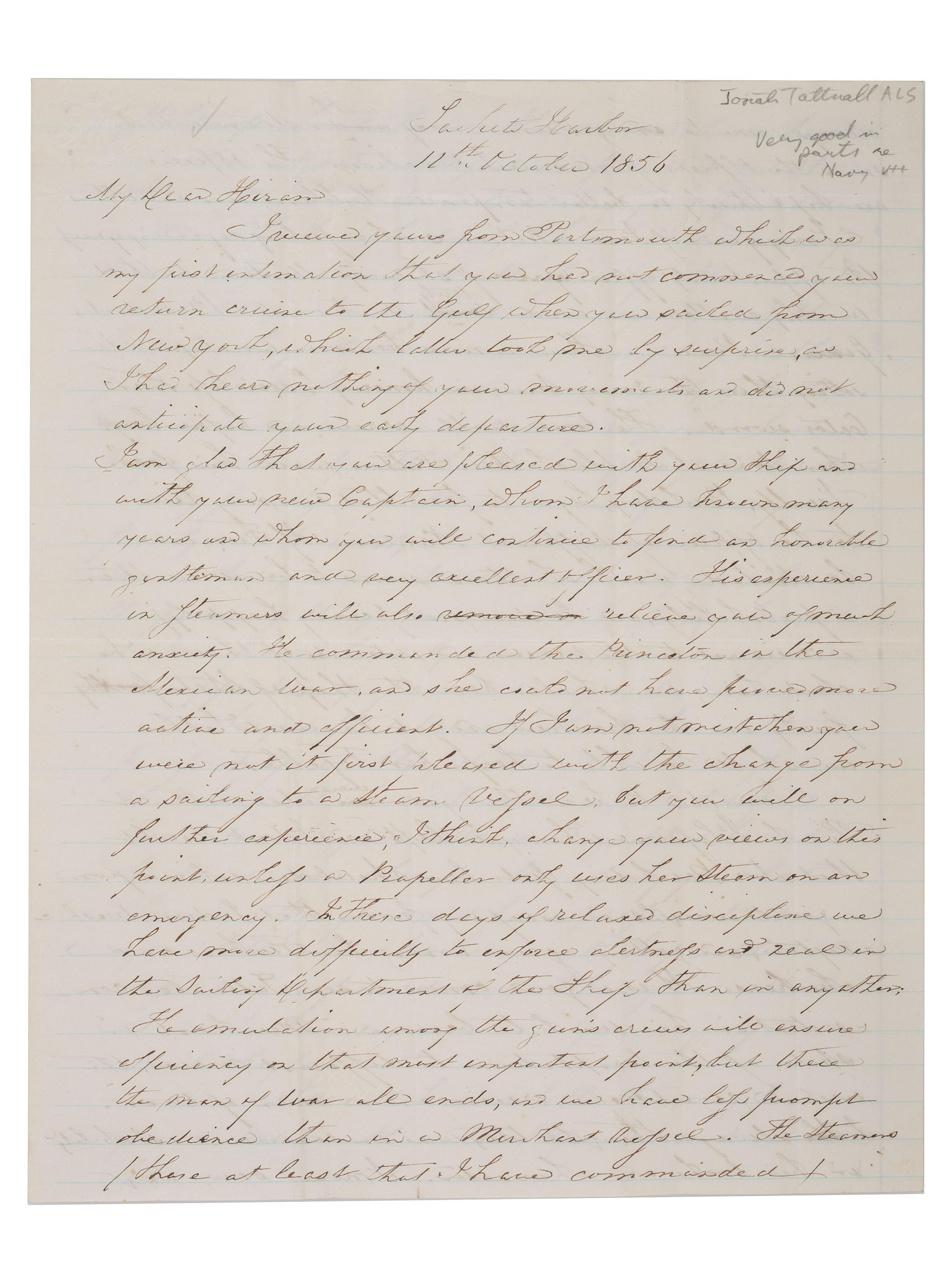 [US NAVY]. TATTNALL, Commodore Josiah (1795-1871). Correspondence from Josiah Tattnall III to his longtime friend Commodore Hiram Paulding, 1830s-1850s. [ With: ] Paulding's manuscript account of their friendship.