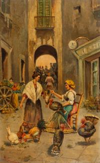 Artist Unknown, (Italian School, 20th century), Exterior Scene of Figures and Chickens