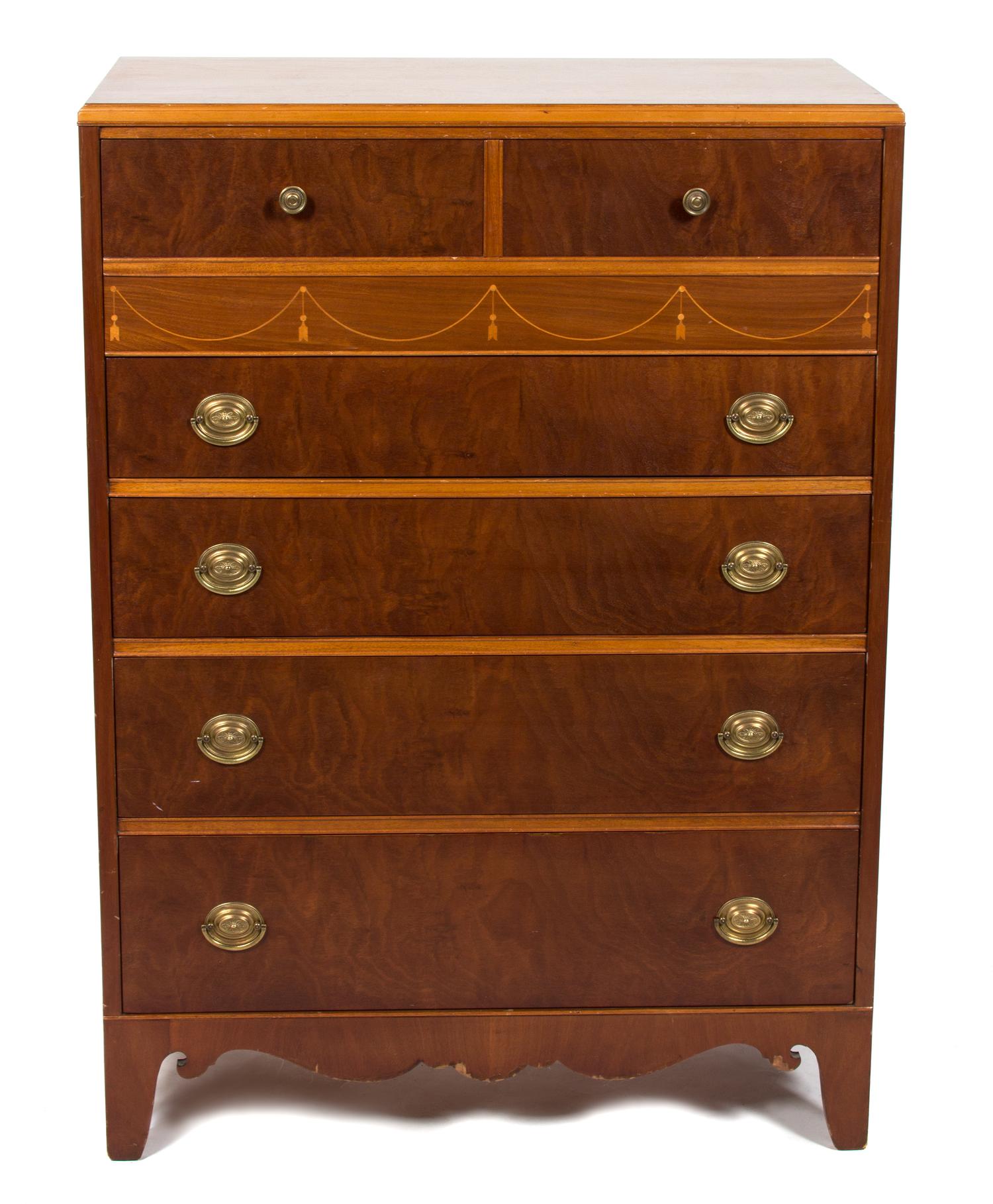 An Adam Style Inlaid Cherry Tall Chest of Drawers with Side Table Height 45 1/2 x width 33 x depth 18 1/4 inches. — 20TH CENTURY