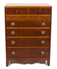 An Adam Style Inlaid Cherry Tall Chest of Drawers with Side Table Height 45 1/2 x width 33 x depth 18 1/4 inches. — 20TH CENTURY