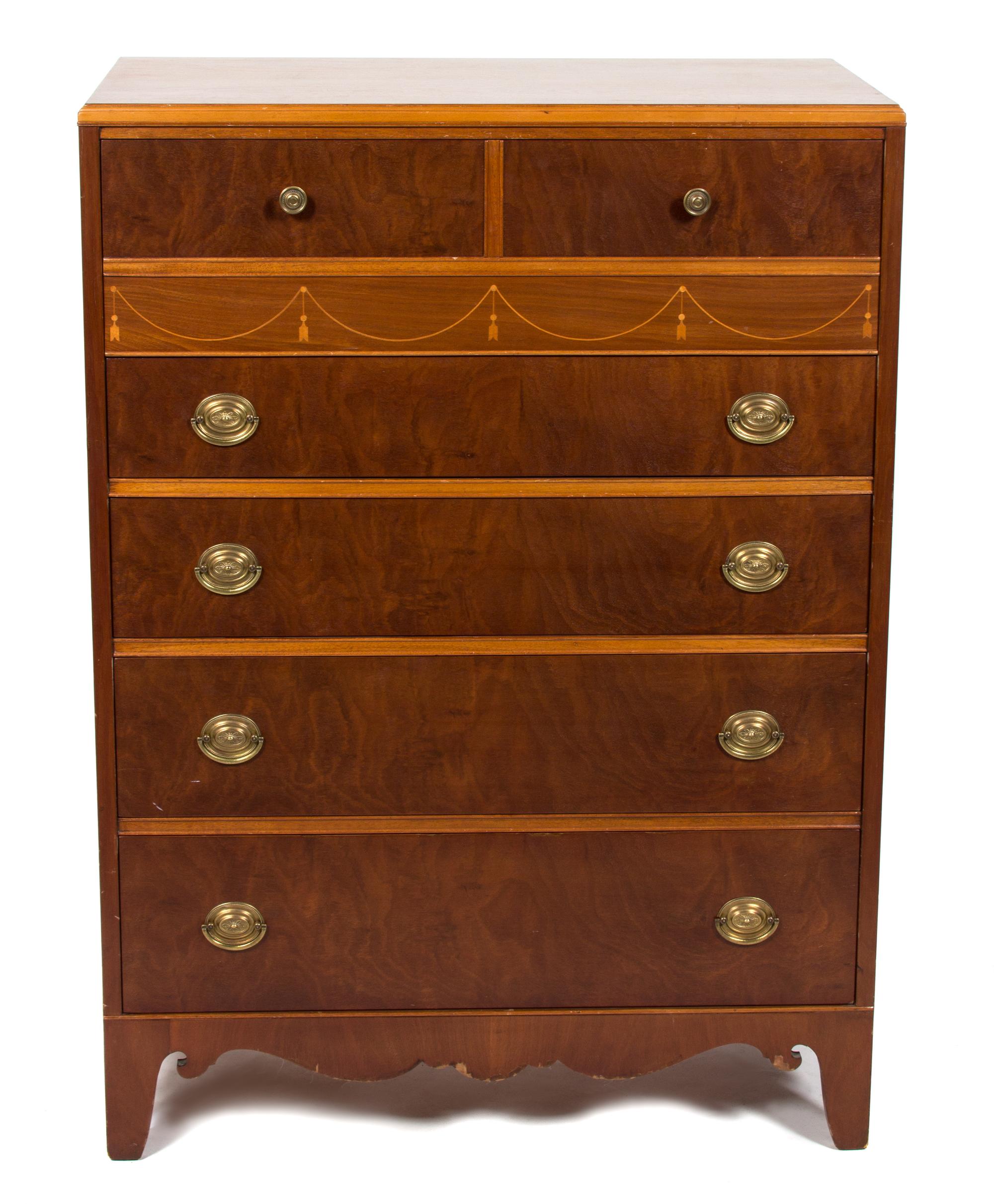 An Adam Style Inlaid Cherry Tall Chest of Drawers with Side Table Height 45 1/2 x width 33 x depth 18 1/4 inches. — 20TH CENTURY