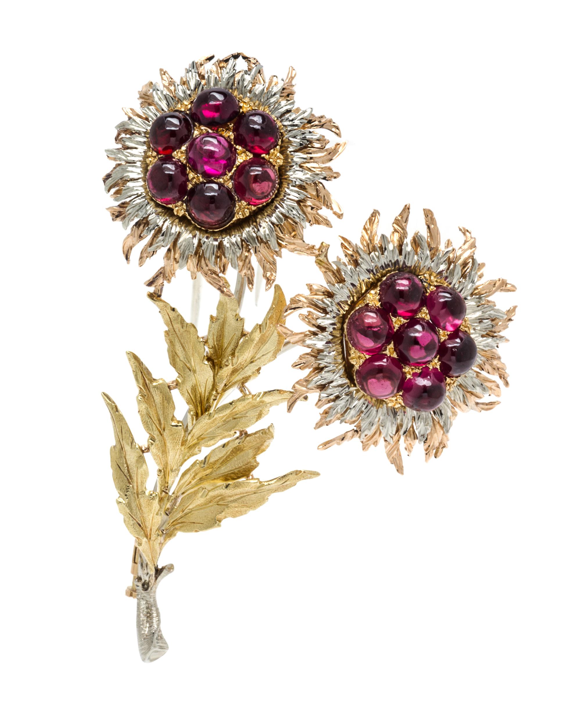 An 18 Karat Tricolor Gold and Rhodolite Garnet Flower Brooch, Buccellati, 16.00 dwts.