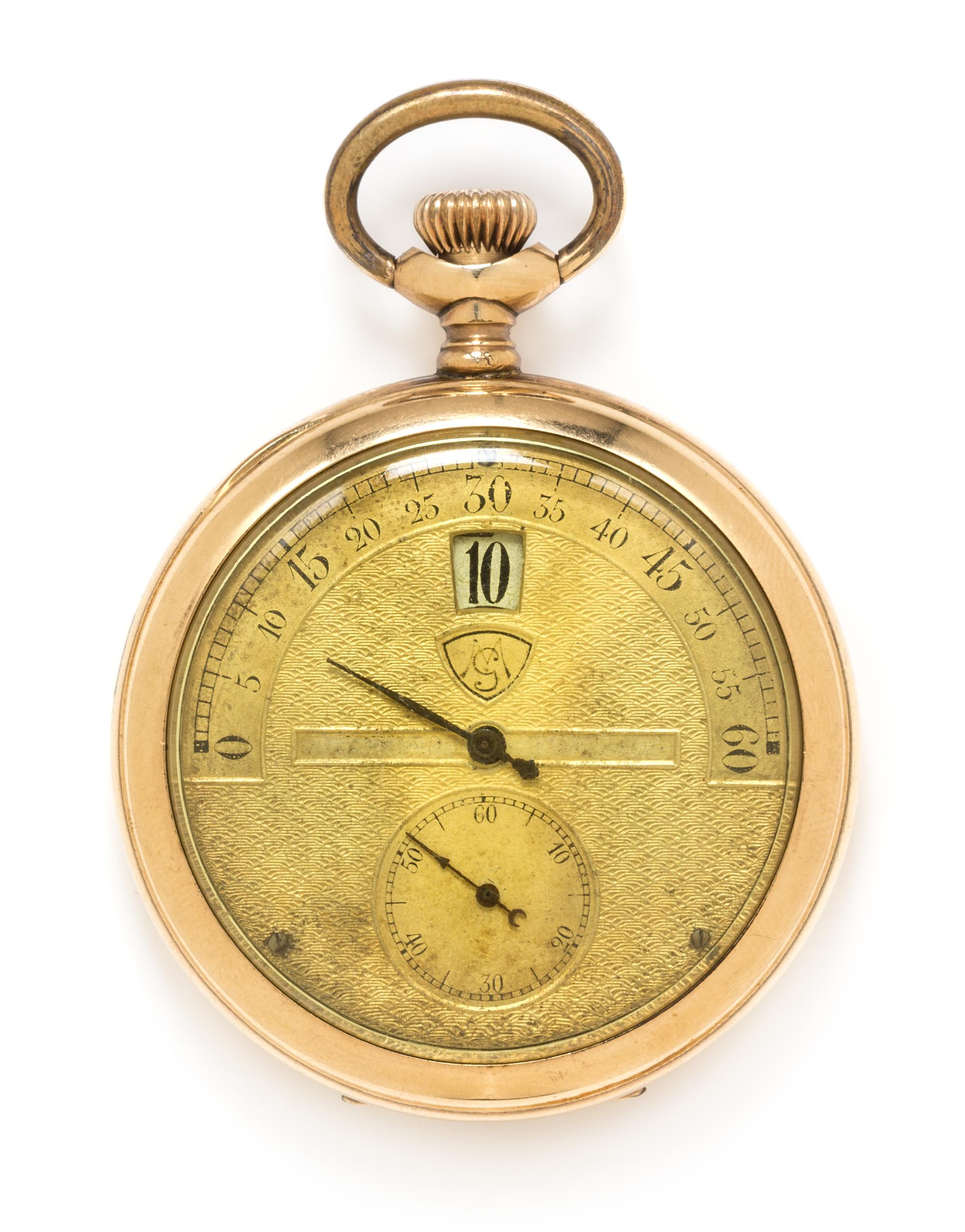A Gold Filled Jump Hour Retrograde Open Face Pocket Watch, Modernista, 56.50 dwts.