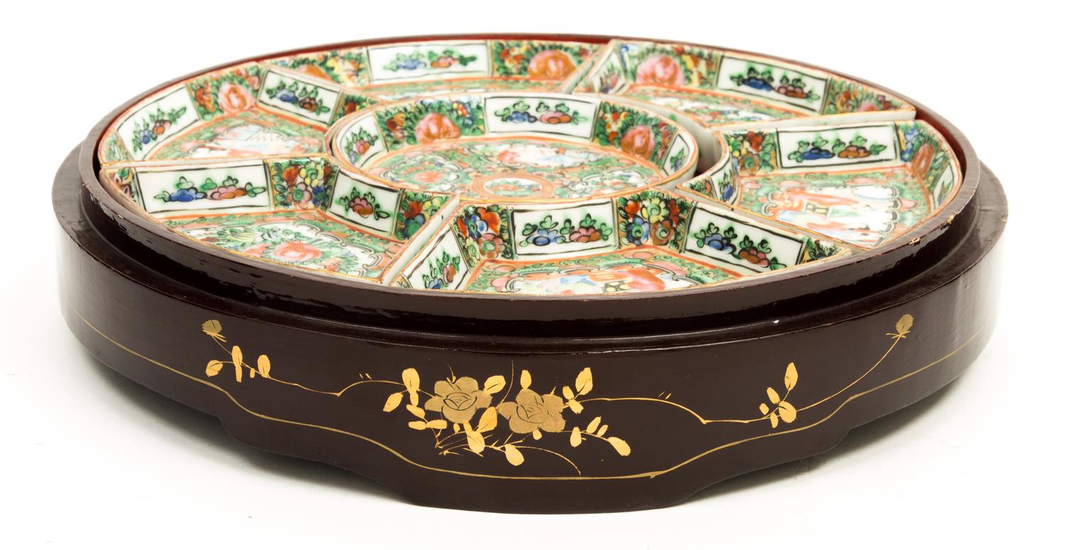 A Chinese Rose Medallion Porcelain Sweetmeat Set Diameter 11 inches.