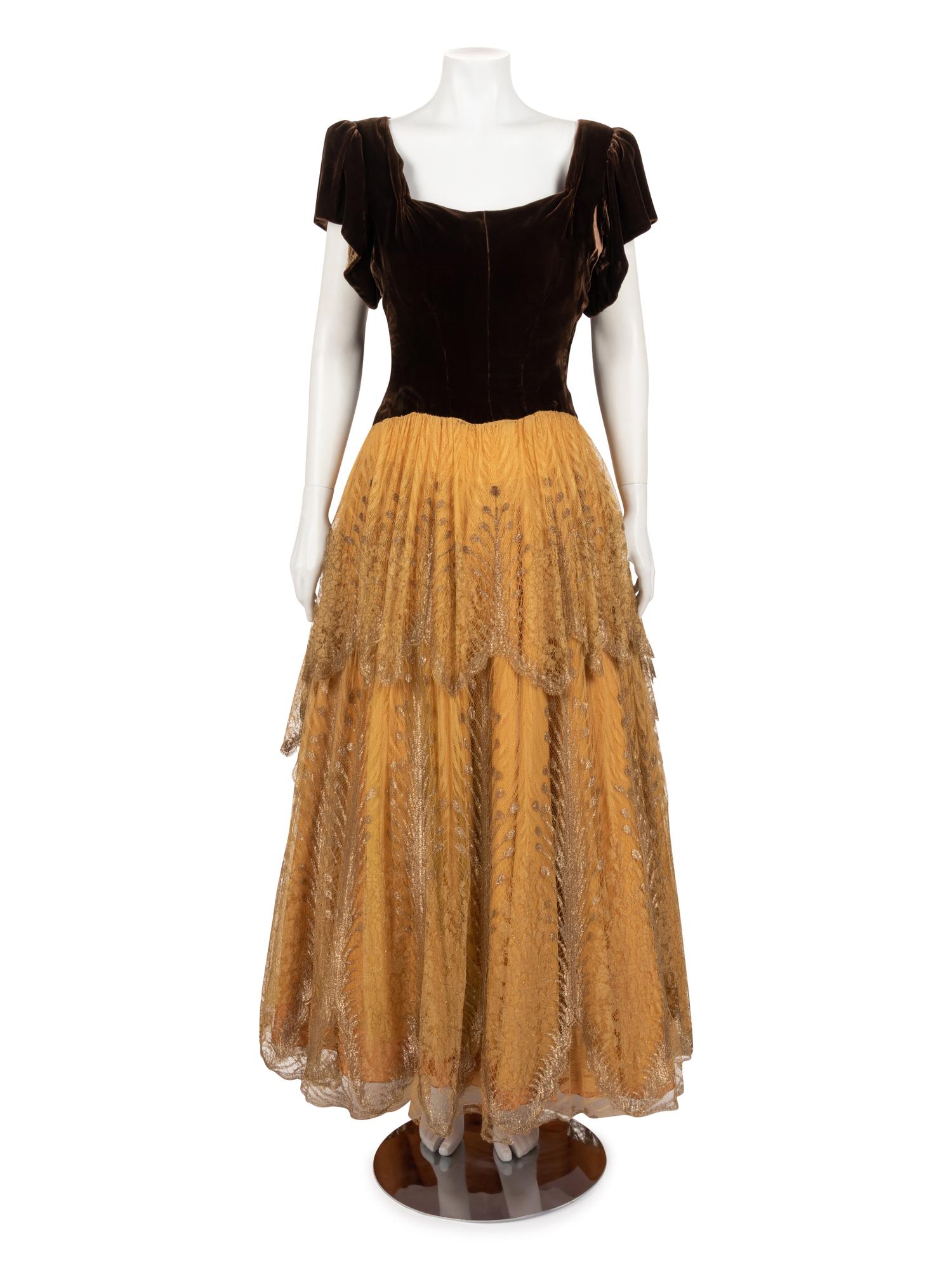 Velvet and Net Lace Evening Dress, 1940s