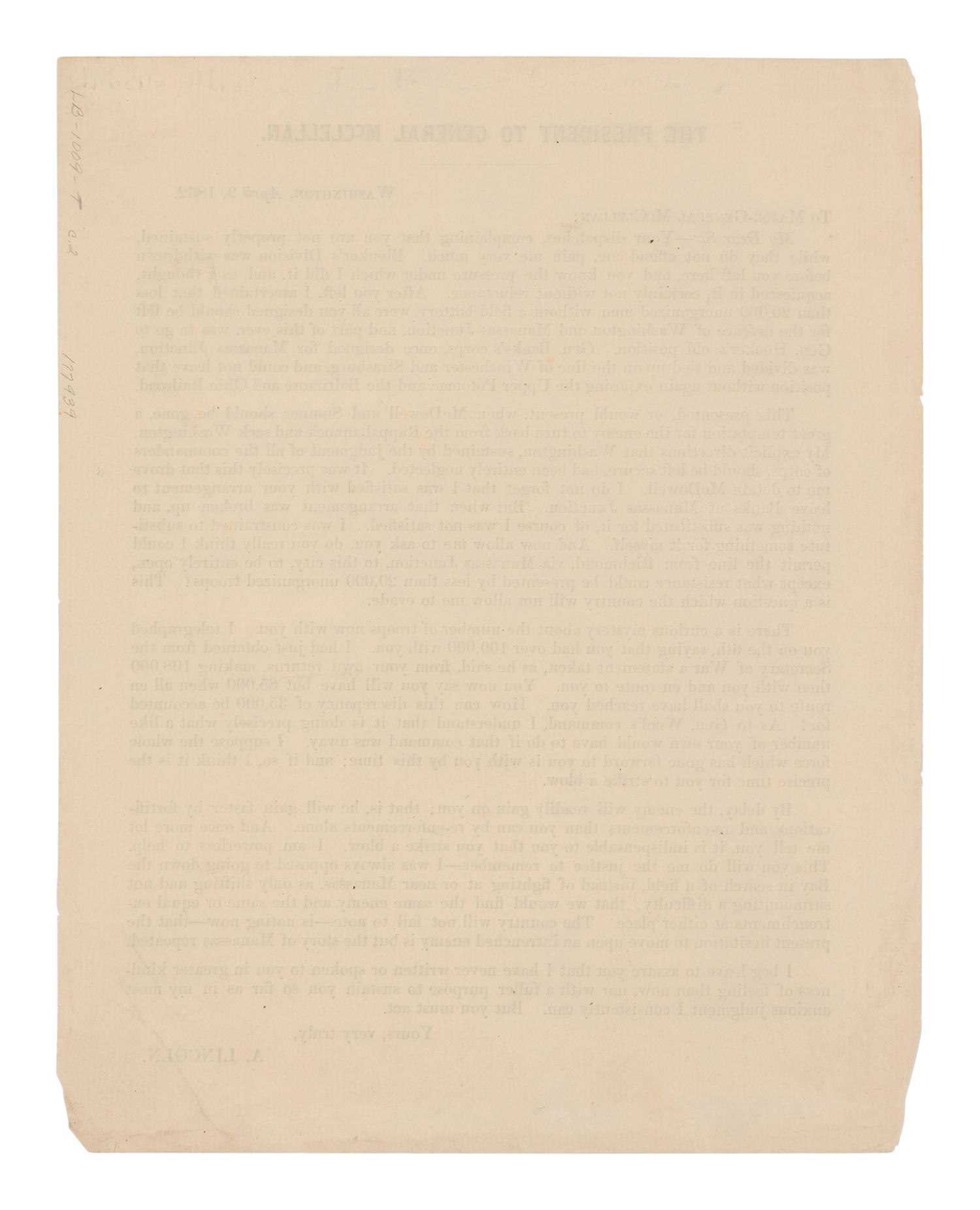 LINCOLN, Abraham (1809-1865). The President to General McClellan . N.p., n.p., n.d. [ca 9 April 1862].