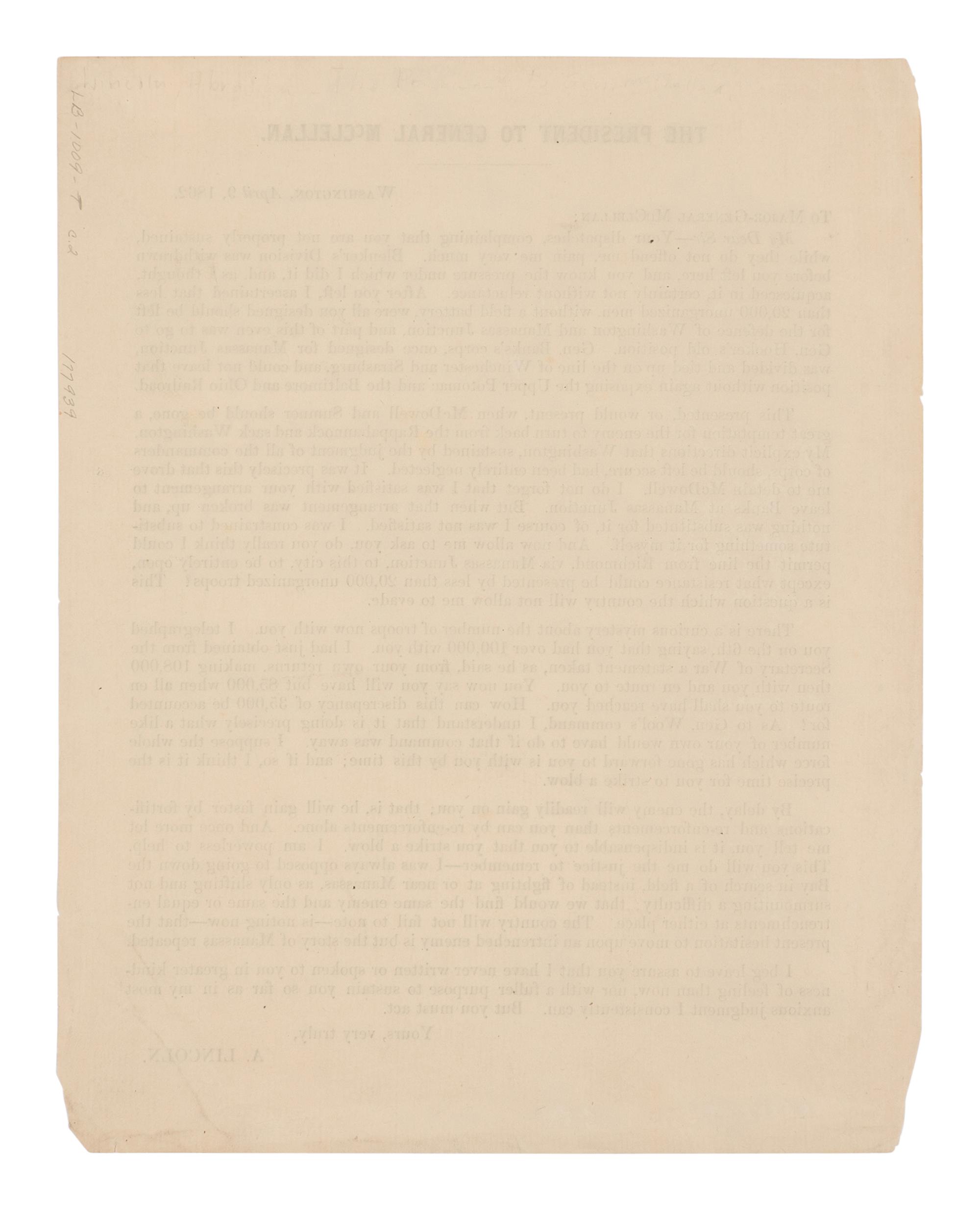 LINCOLN, Abraham (1809-1865). The President to General McClellan . N.p., n.p., n.d. [ca 9 April 1862].
