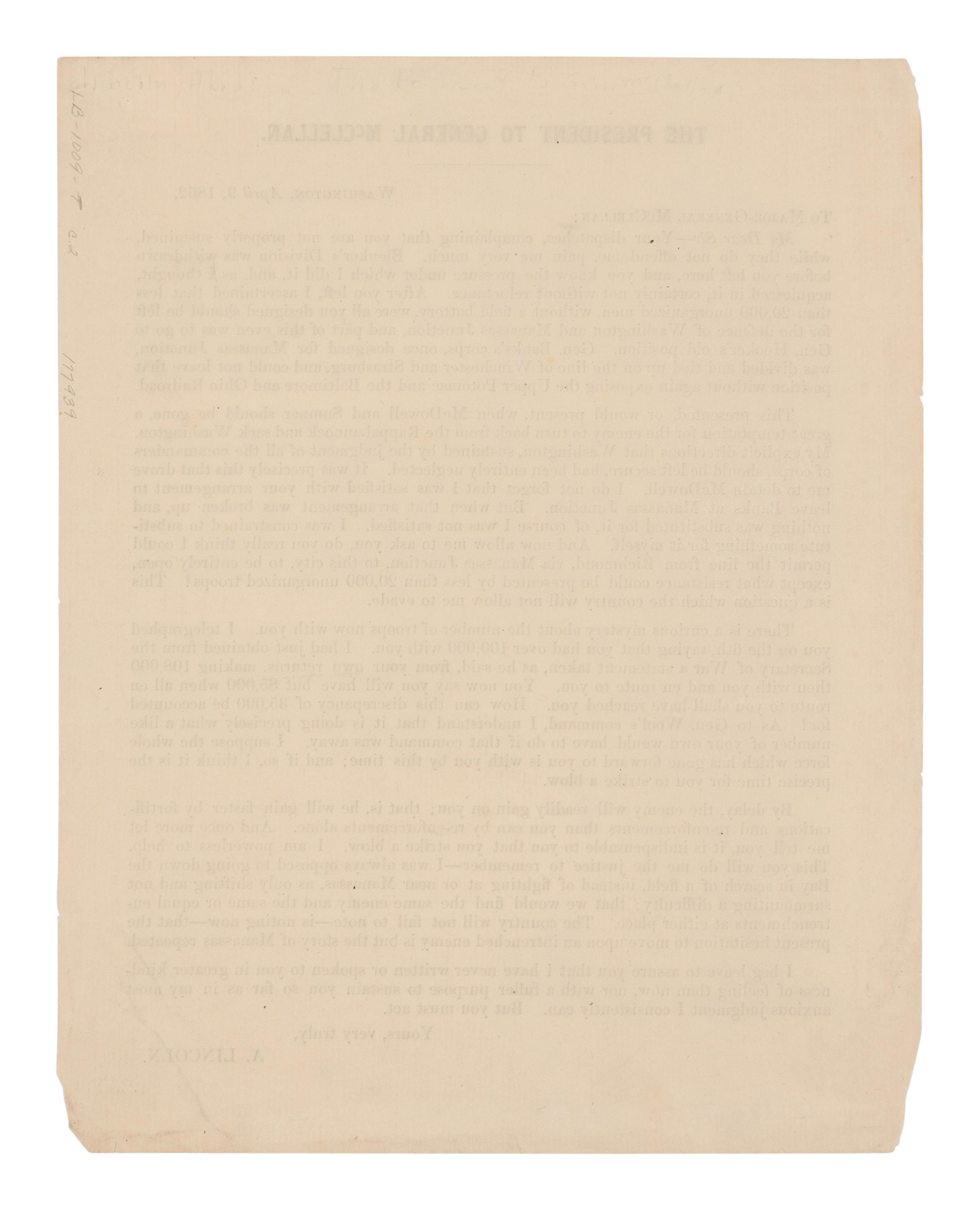 LINCOLN, Abraham (1809-1865). The President to General McClellan . N.p., n.p., n.d. [ca 9 April 1862].