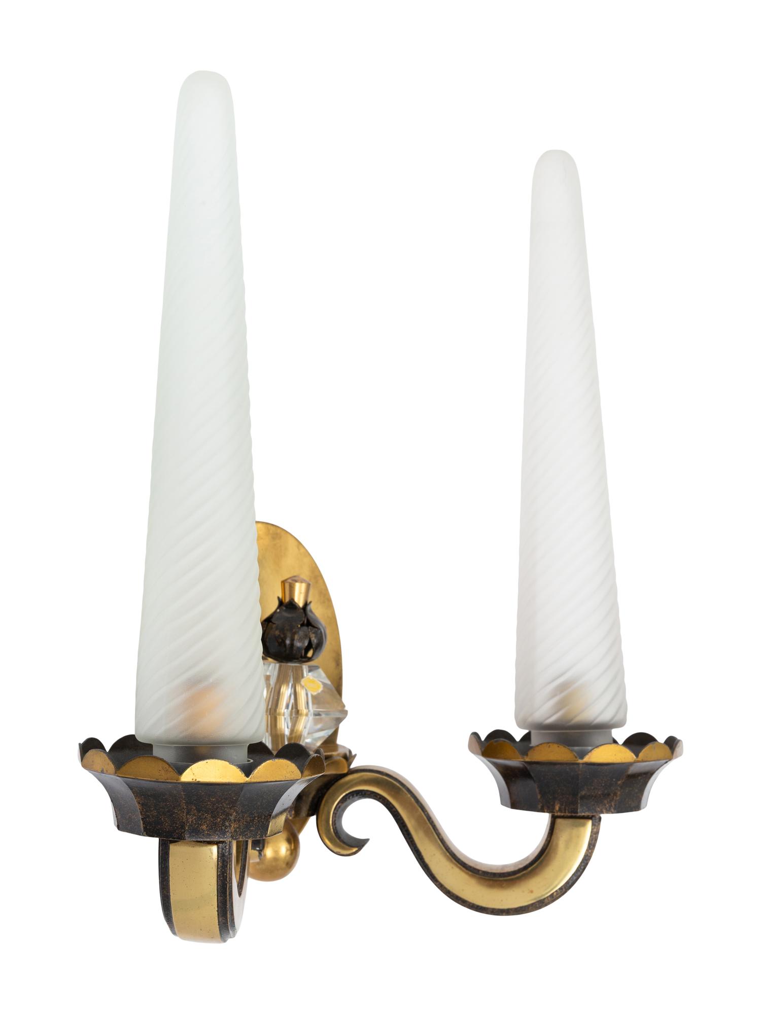 A Pair of French Art Deco Gilt Metal and Frosted Glass Two-Light Sconces