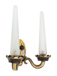 A Pair of French Art Deco Gilt Metal and Frosted Glass Two-Light Sconces