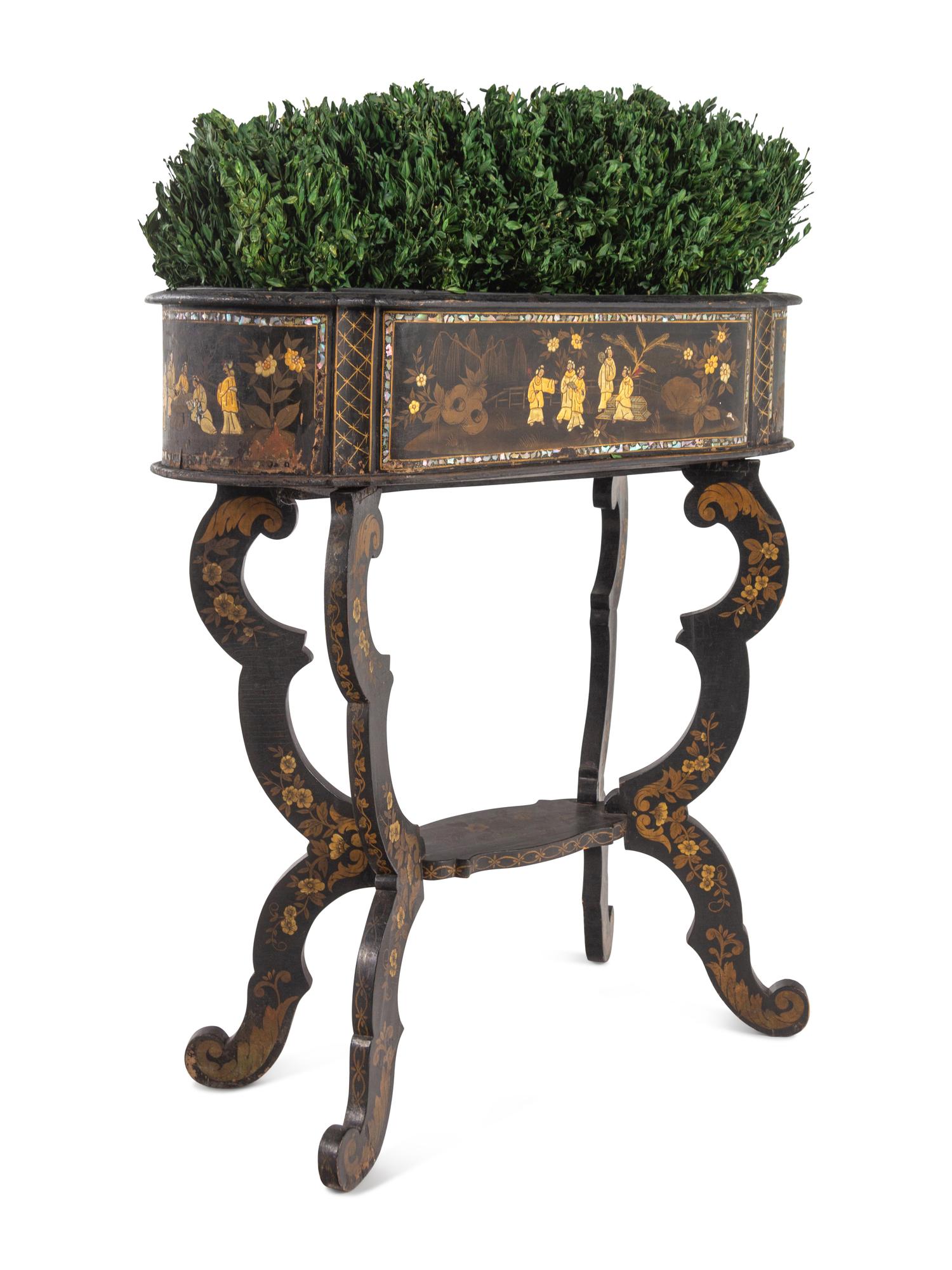 A Victorian Mother of Pearl-Inlaid and Black Japanned Jardinière Stand