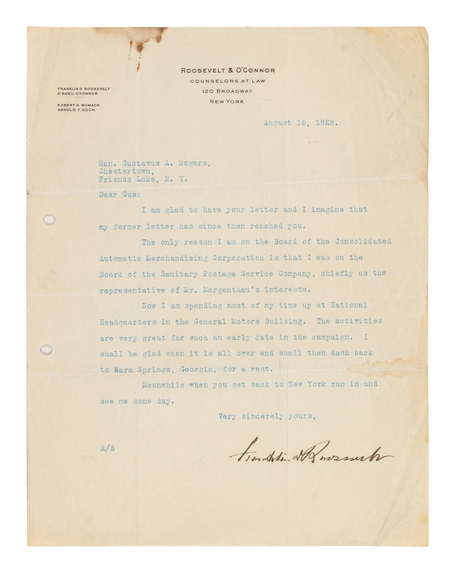 ROOSEVELT, Franklin D. (1882-1945). Typed letter signed ("Franklin D. Roosevelt"), as nominee for New York governor, to Gustavus A. Rogers. New York, 15 August 1928.