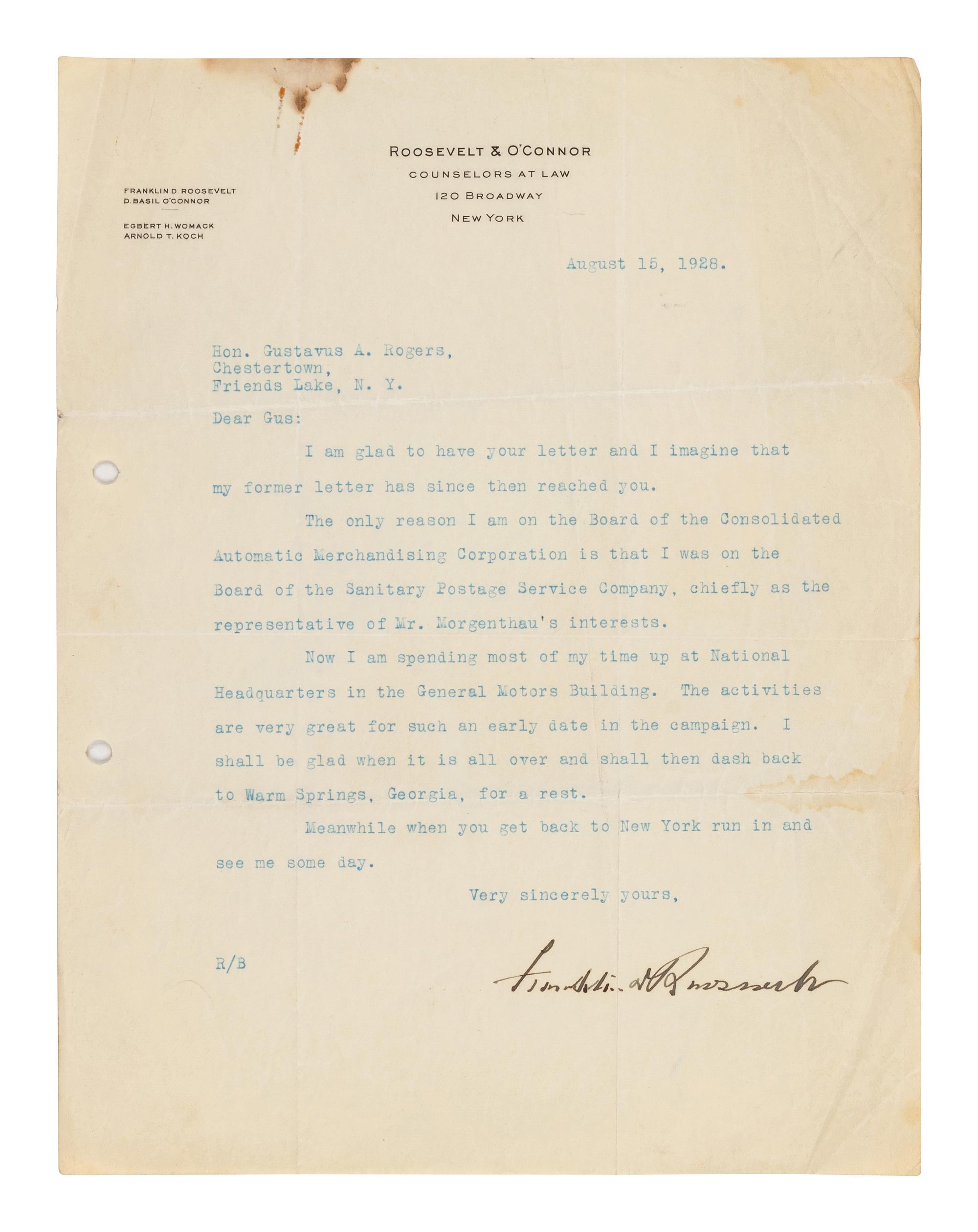 ROOSEVELT, Franklin D. (1882-1945). Typed letter signed ("Franklin D. Roosevelt"), as nominee for New York governor, to Gustavus A. Rogers. New York, 15 August 1928.