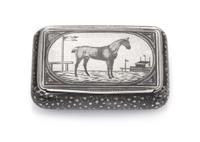 An Austrian Niello Silver Snuff Box, Maker's mark MS, Vienna, late 19th/early 20th century, the lid decorated with the image of a thoro