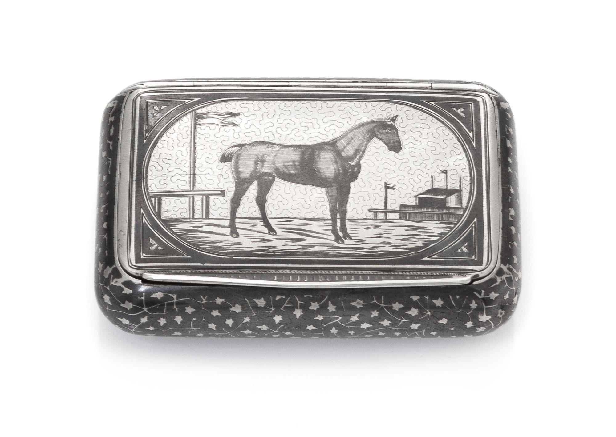 An Austrian Niello Silver Snuff Box, Maker's mark MS, Vienna, late 19th/early 20th century, the lid decorated with the image of a thoro