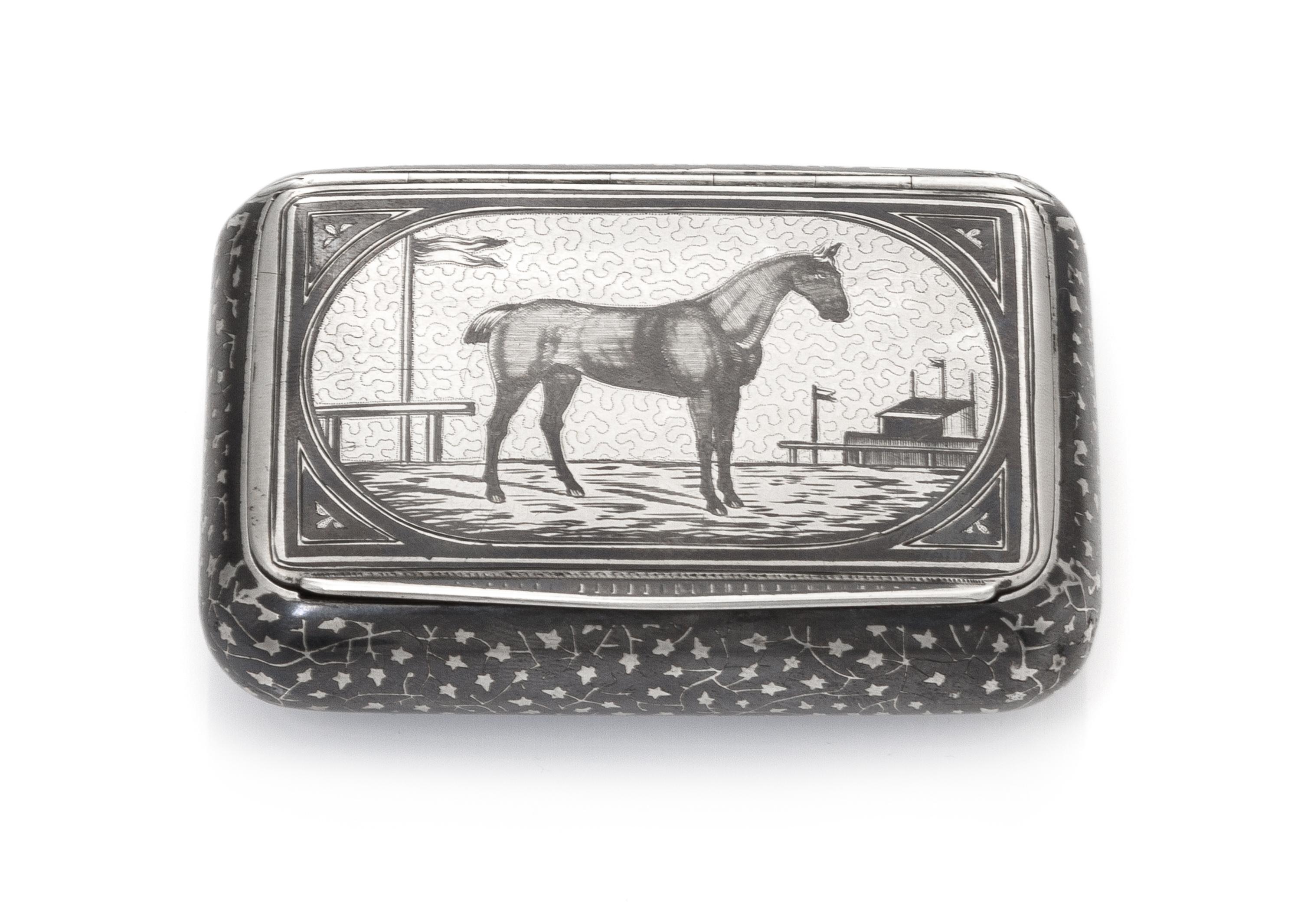 An Austrian Niello Silver Snuff Box, Maker's mark MS, Vienna, late 19th/early 20th century, the lid decorated with the image of a thoro