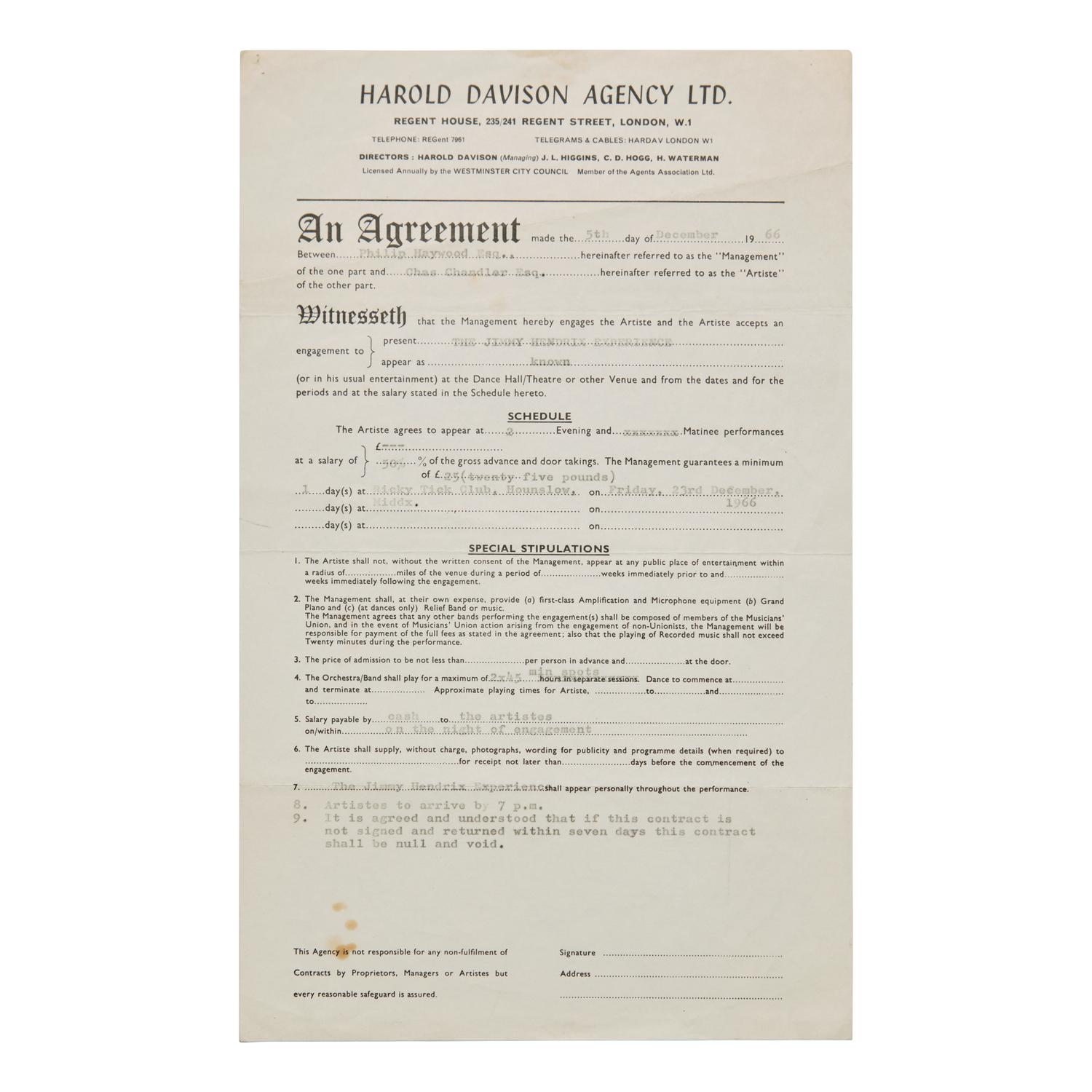 [Music] [Hendrix, Jimi] Early Concert Contract for The Jimi Hendrix Experience