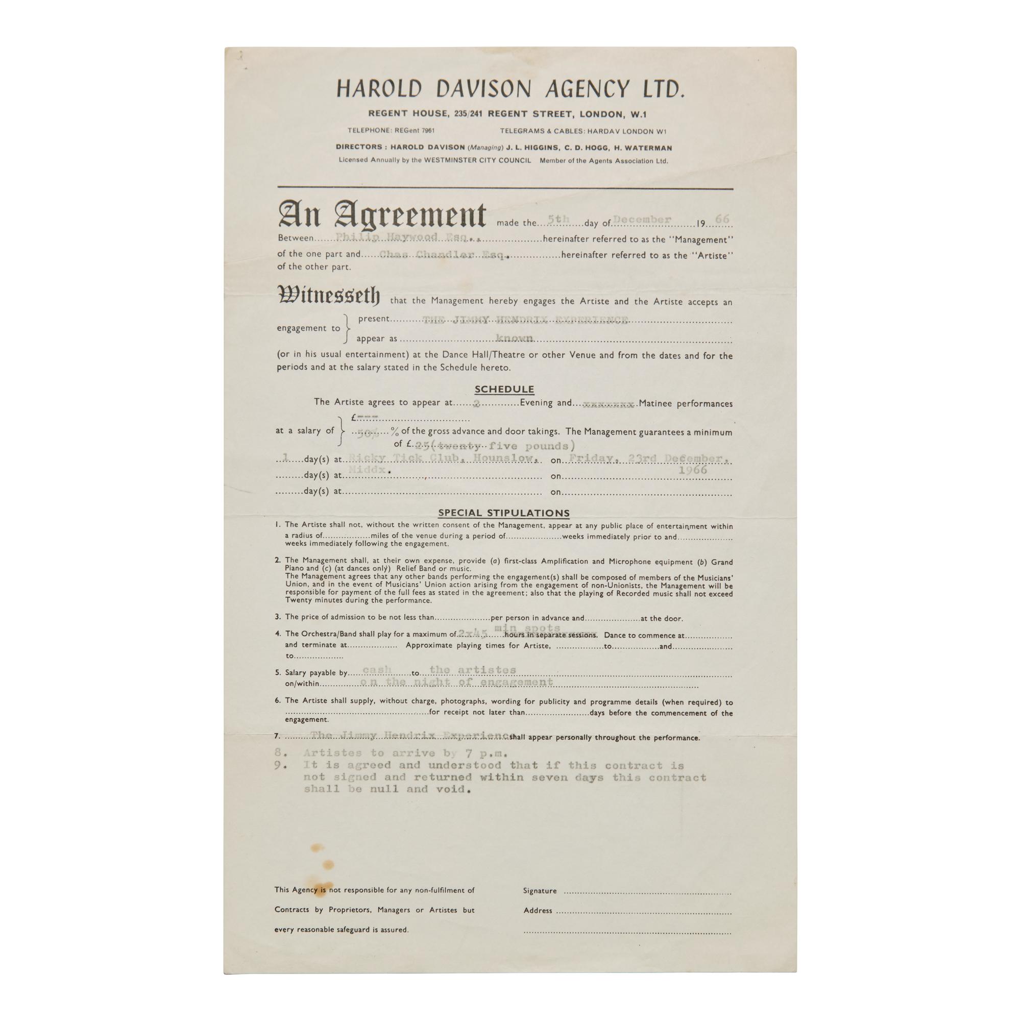 [Music] [Hendrix, Jimi] Early Concert Contract for The Jimi Hendrix Experience