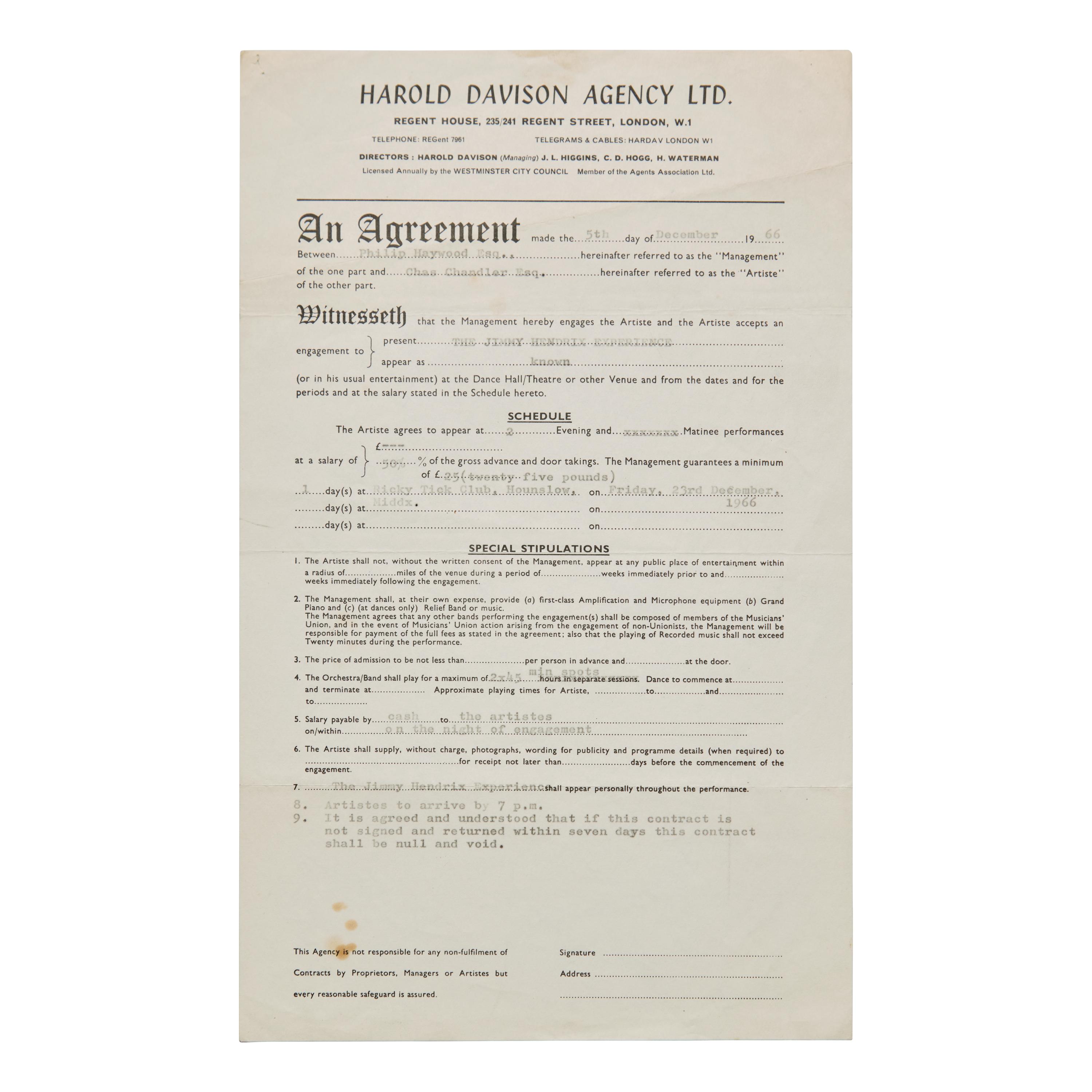 [Music] [Hendrix, Jimi] Early Concert Contract for The Jimi Hendrix Experience