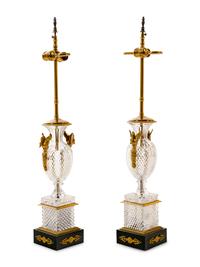 A Pair of Empire Style Gilt Metal and Cut Glass Vases Mounted as Lamps