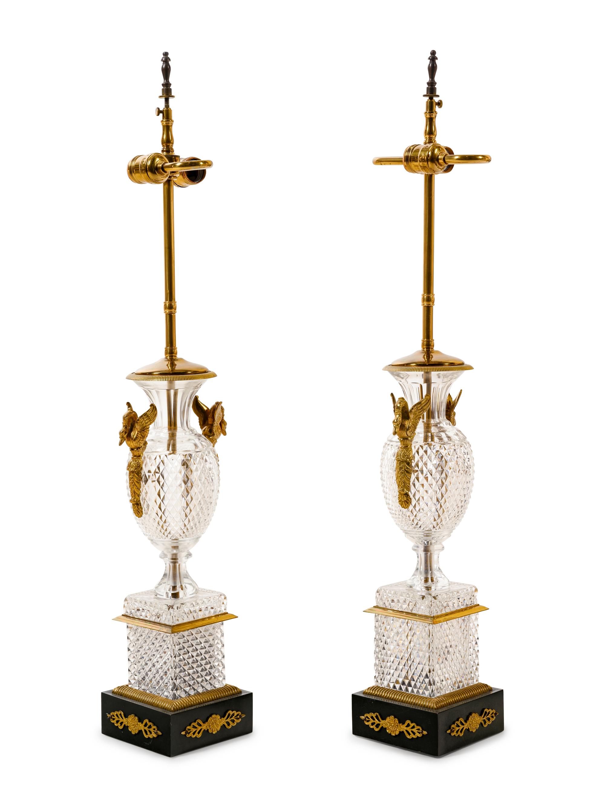 A Pair of Empire Style Gilt Metal and Cut Glass Vases Mounted as Lamps