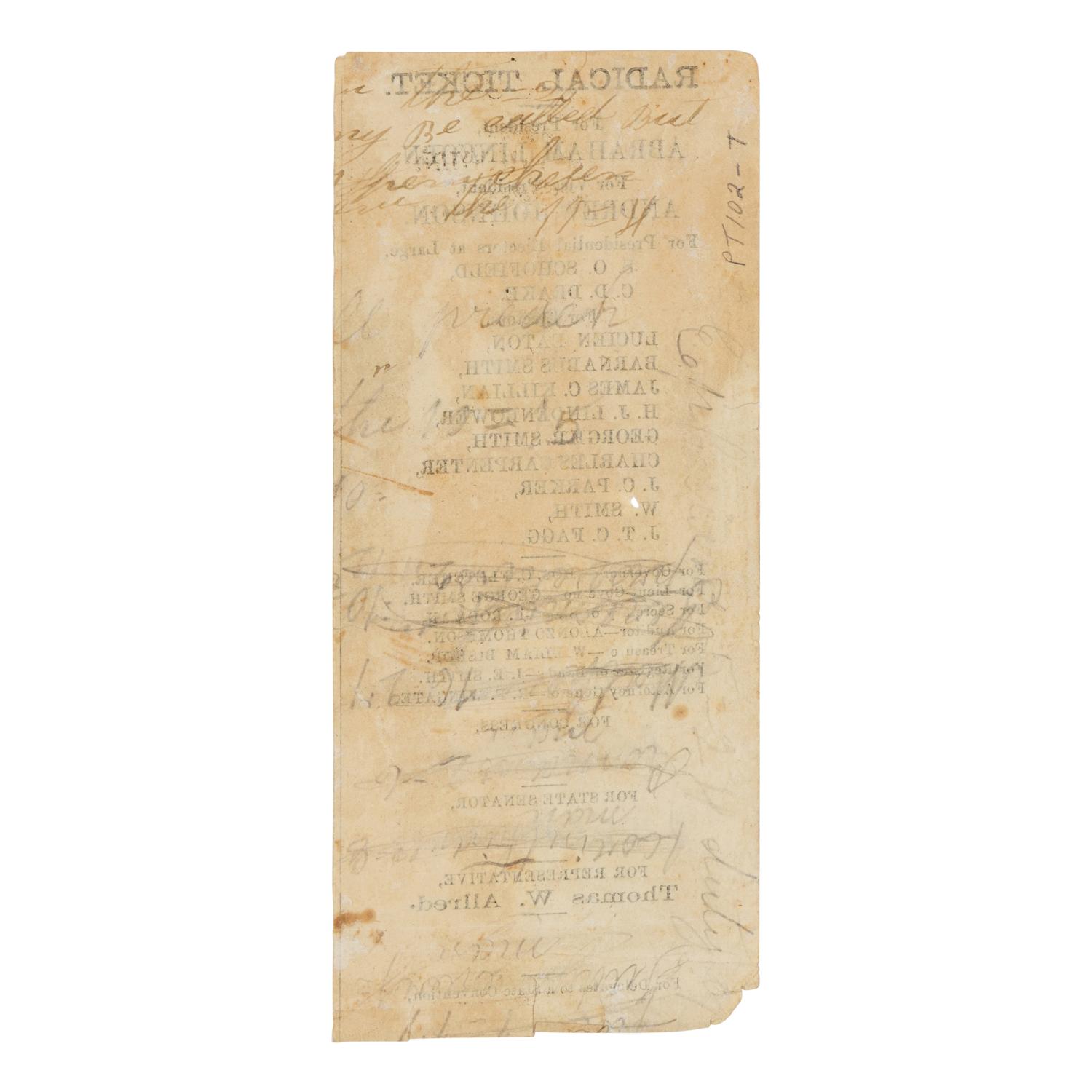 [LINCOLN-JOHNSON CAMPAIGN]. An election ballot for the "Radical Ticket." Missouri: n.p., 1864.
