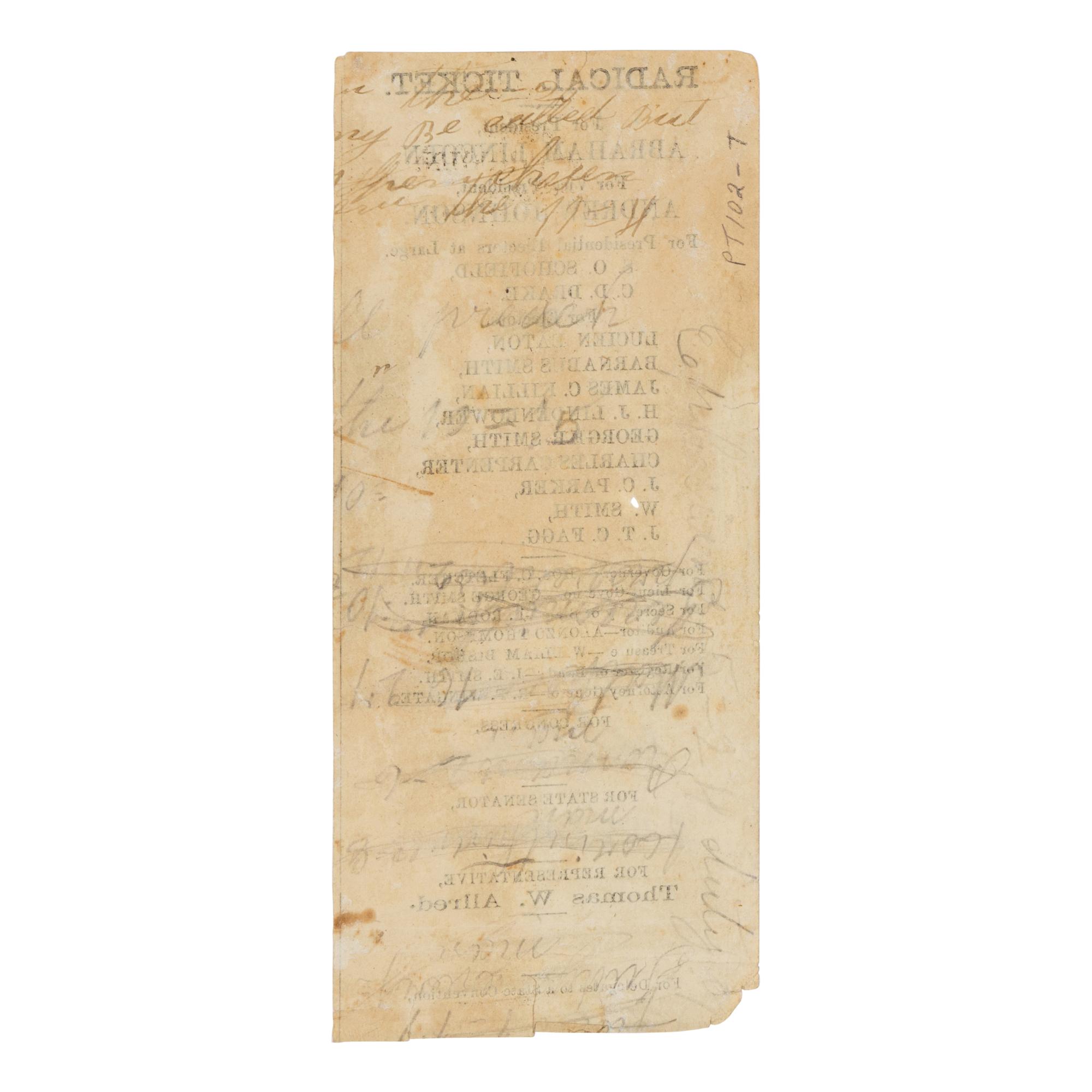 [LINCOLN-JOHNSON CAMPAIGN]. An election ballot for the "Radical Ticket." Missouri: n.p., 1864.
