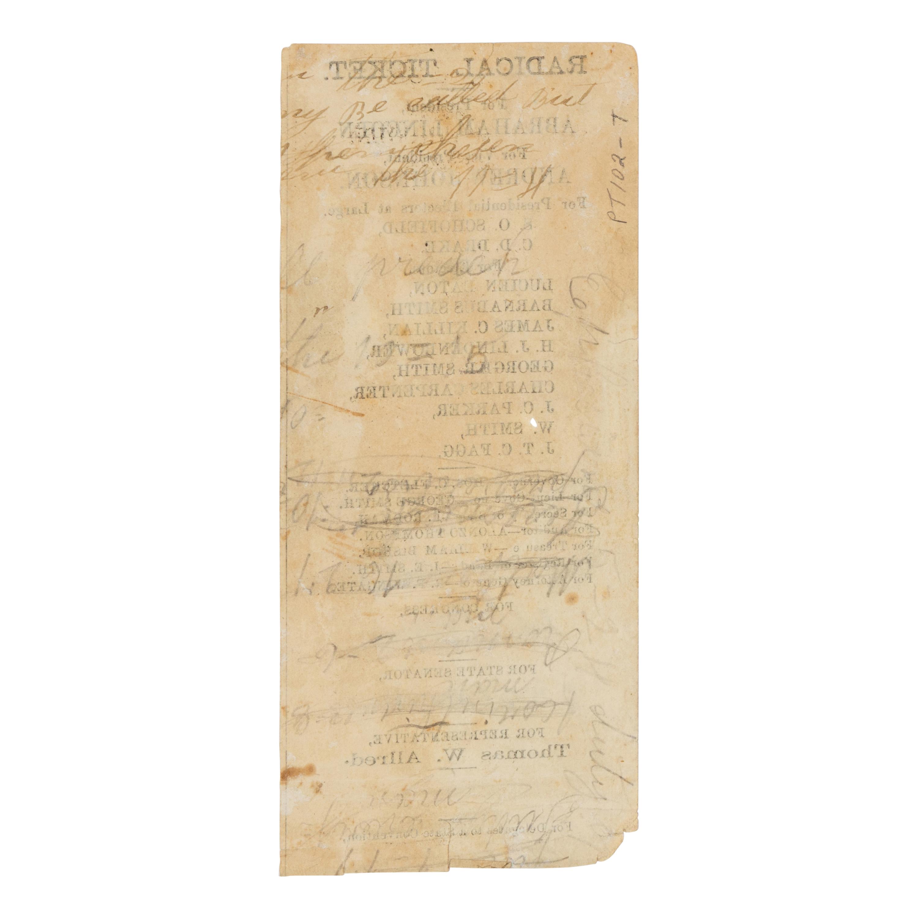 [LINCOLN-JOHNSON CAMPAIGN]. An election ballot for the "Radical Ticket." Missouri: n.p., 1864.