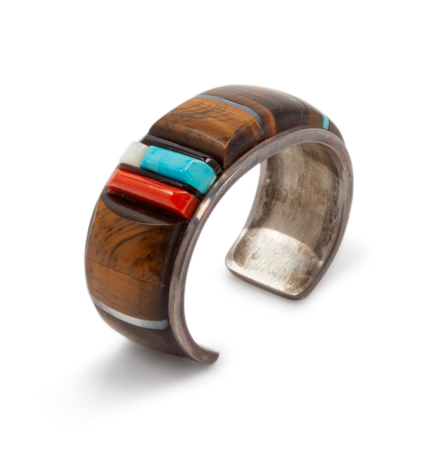 Silver and Multi-Stone Inlay Cuff Bracelet