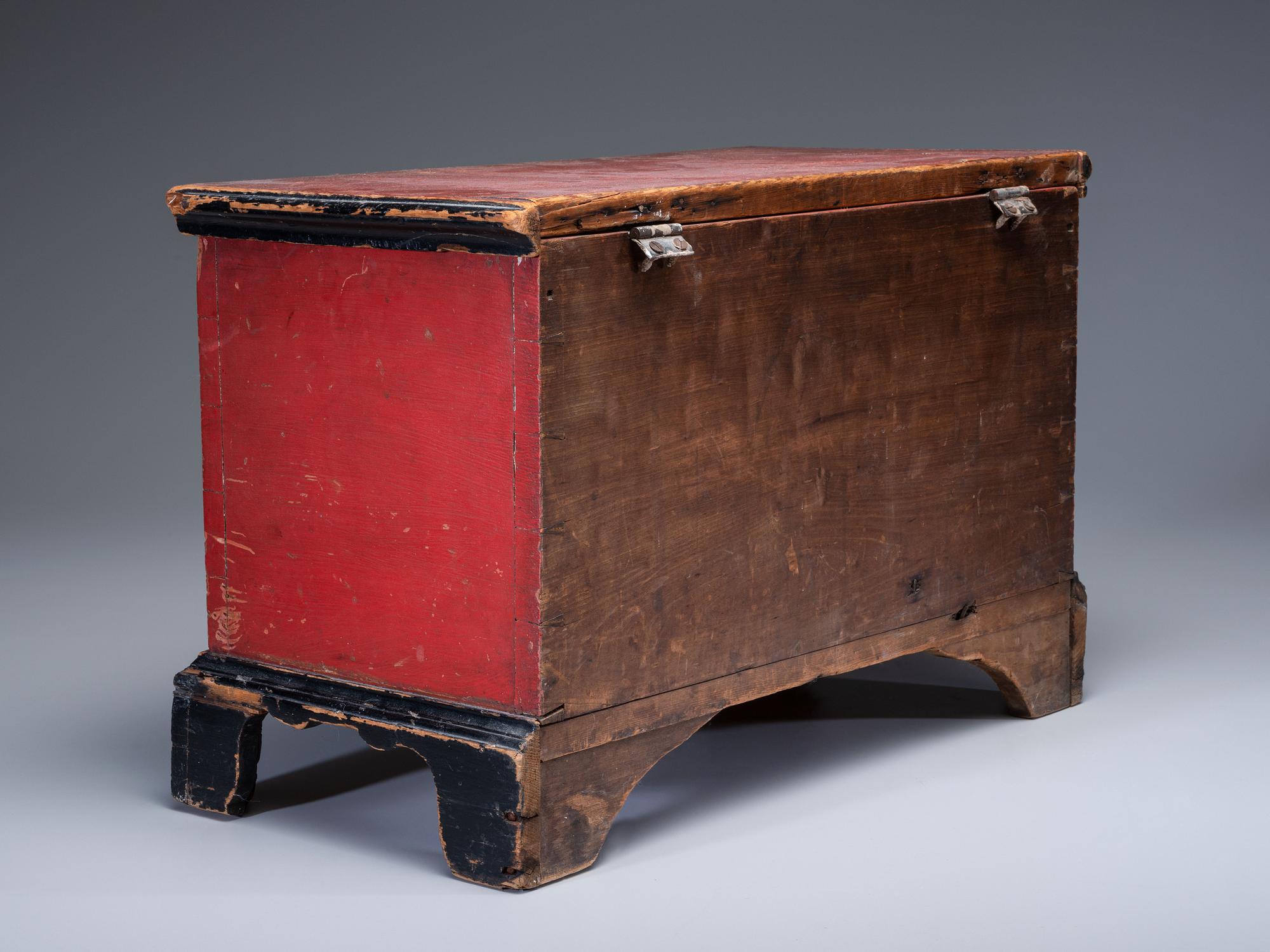A Soap Hollow Red-Black and Gilt, Stencil-Decorated Poplar and Pine Miniature Blanket Chest