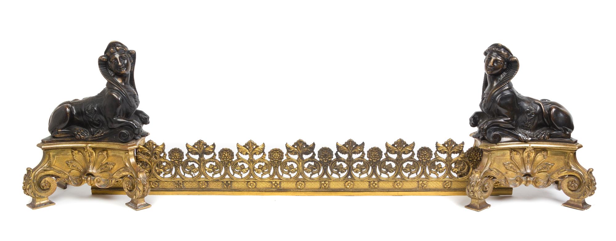 A Pair of Empire Style Gilt and Patinated Bronze Chenets Width of chenet 12 1/2 inches. — 19TH CENTURY