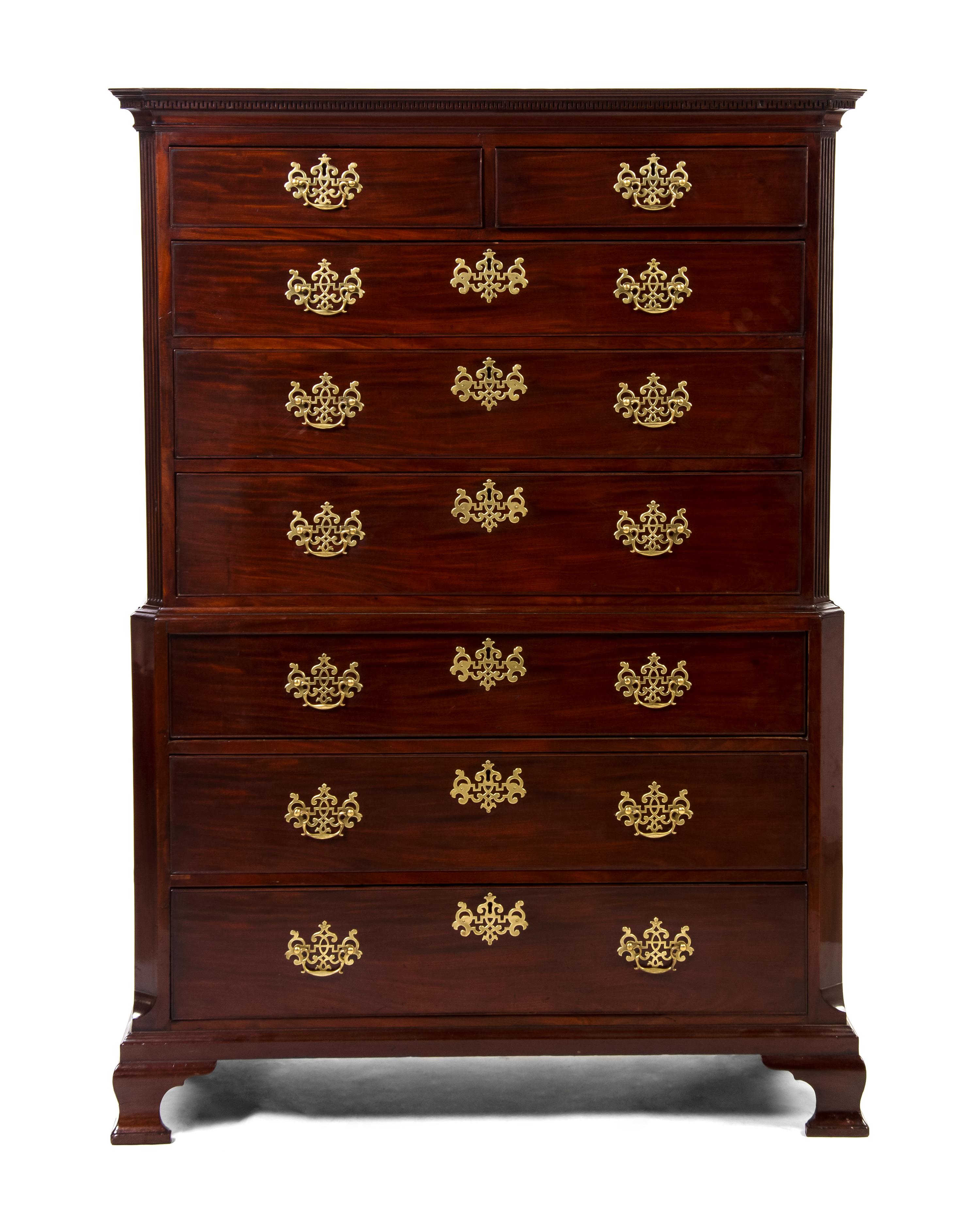 A George III Mahogany Chest on Chest, Height 68 1/2 x width 50 x depth 23 1/2 inches.