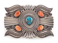 Sterling Silver Belt Buckle, with Morenci Turquoise and Spiny Oyster