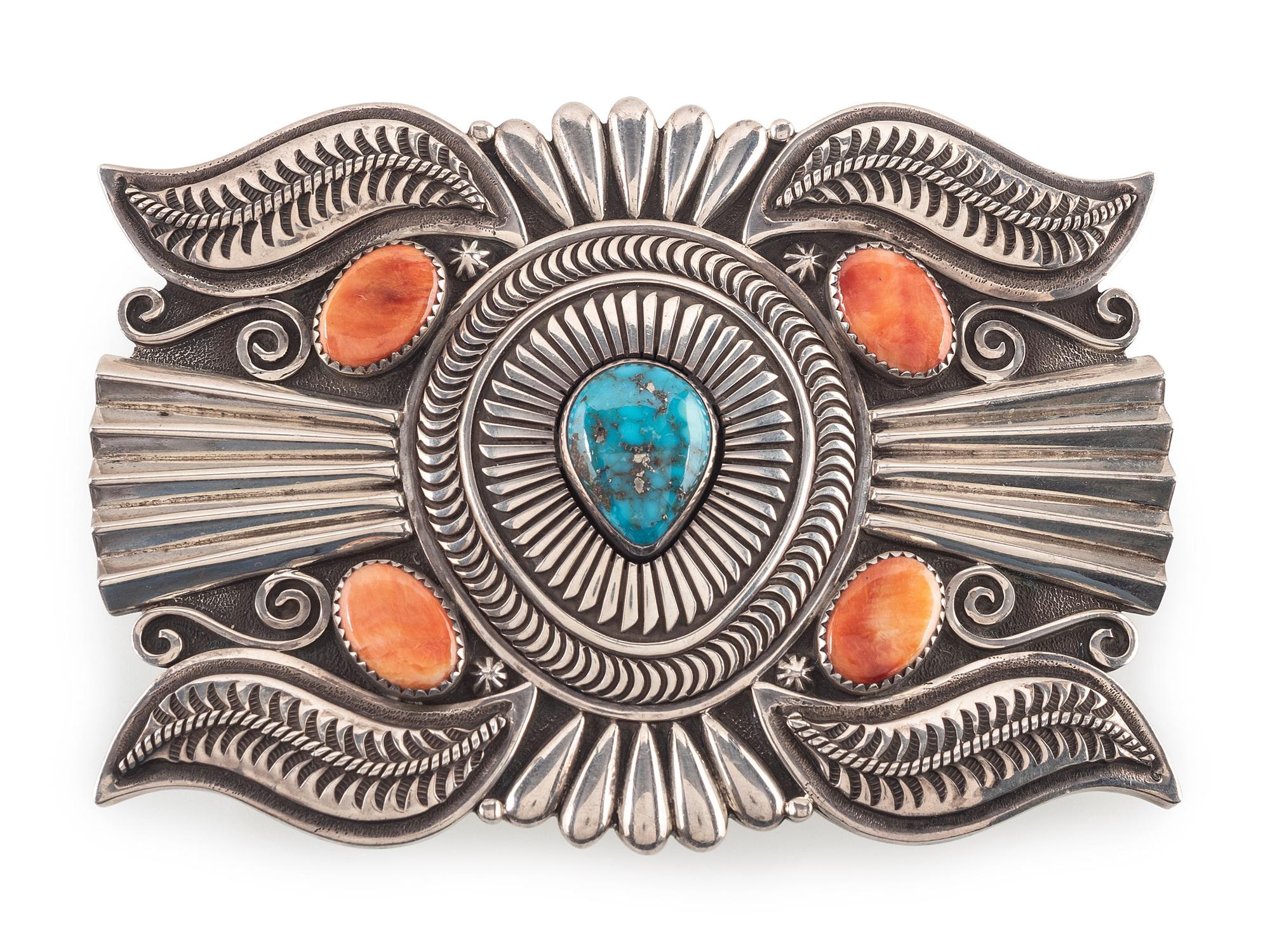 Sterling Silver Belt Buckle, with Morenci Turquoise and Spiny Oyster