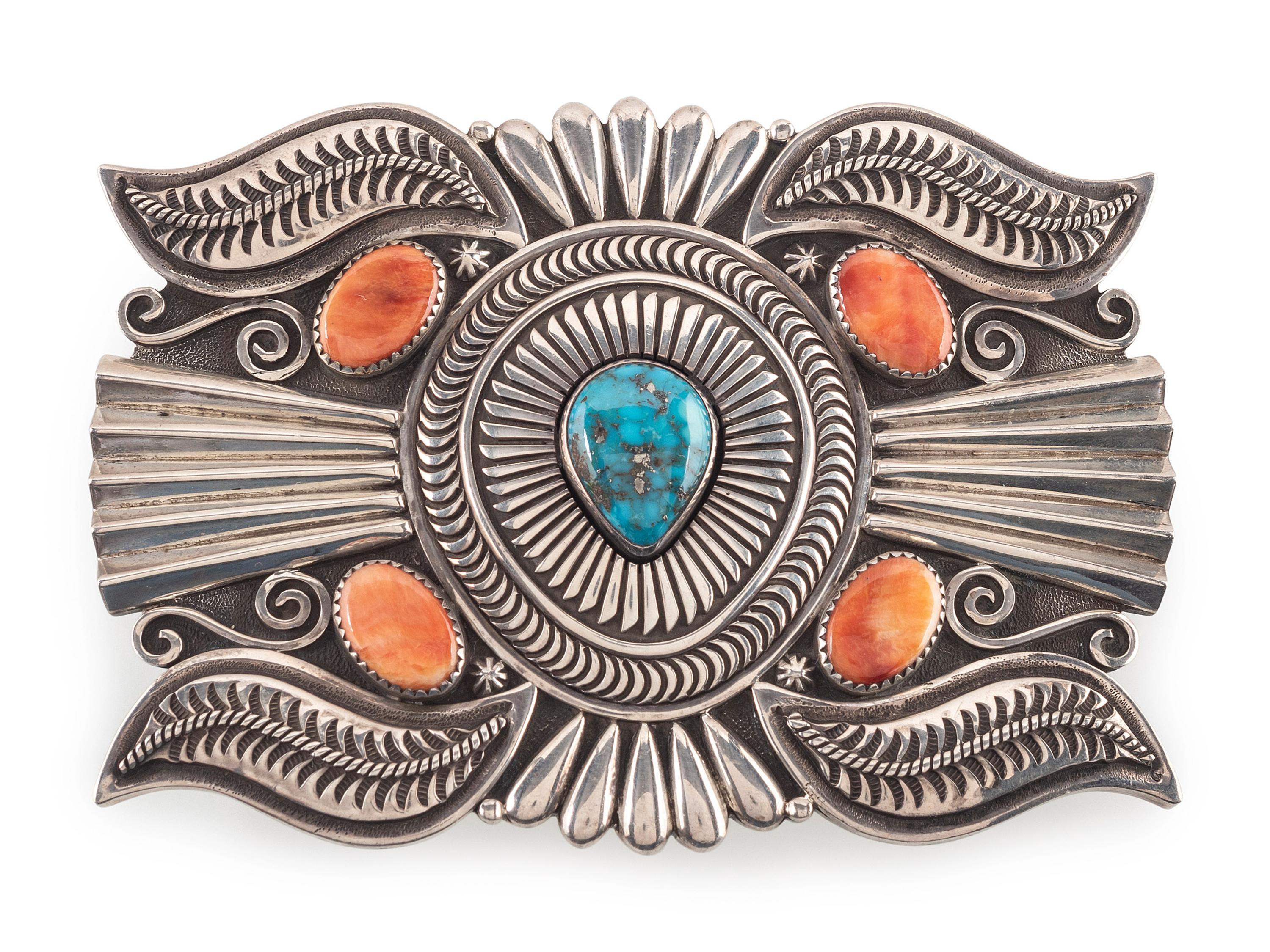 Sterling Silver Belt Buckle, with Morenci Turquoise and Spiny Oyster