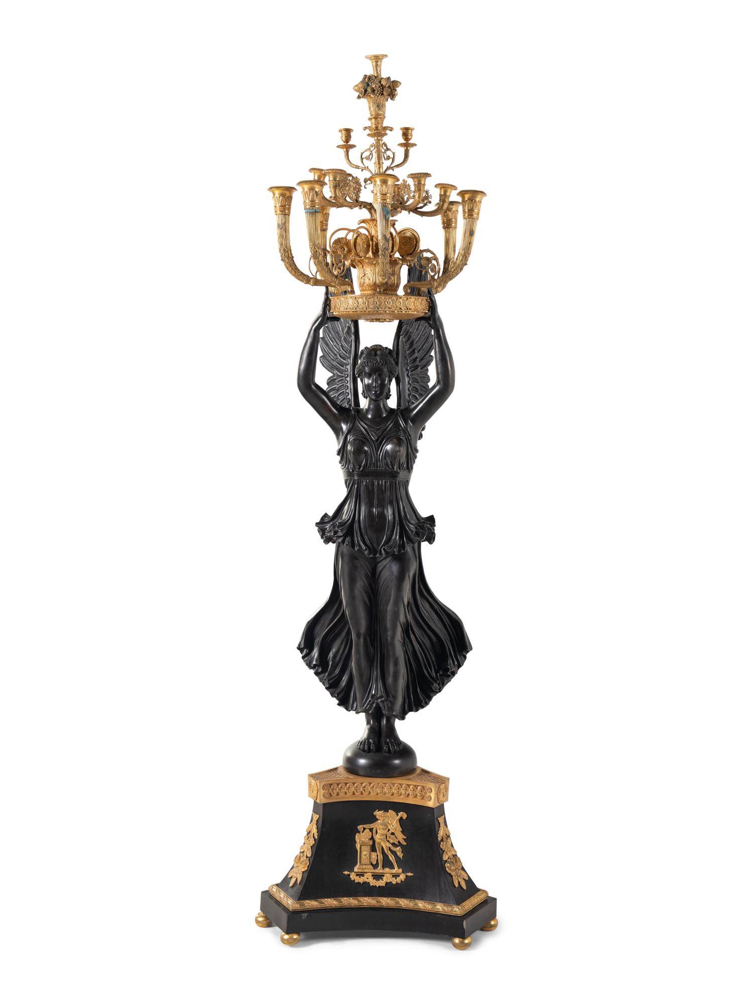 A Monumental Empire Style Gilt and Patinated Bronze Figural Torchère
