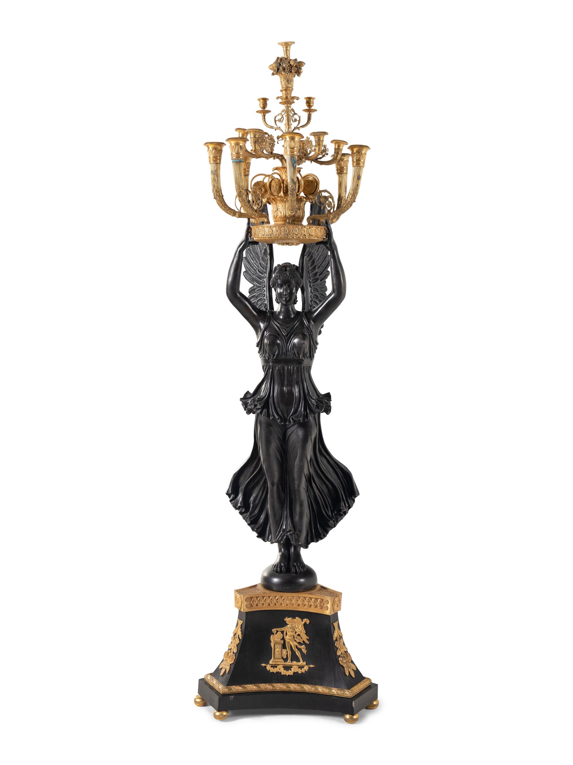 A Monumental Empire Style Gilt and Patinated Bronze Figural Torchère