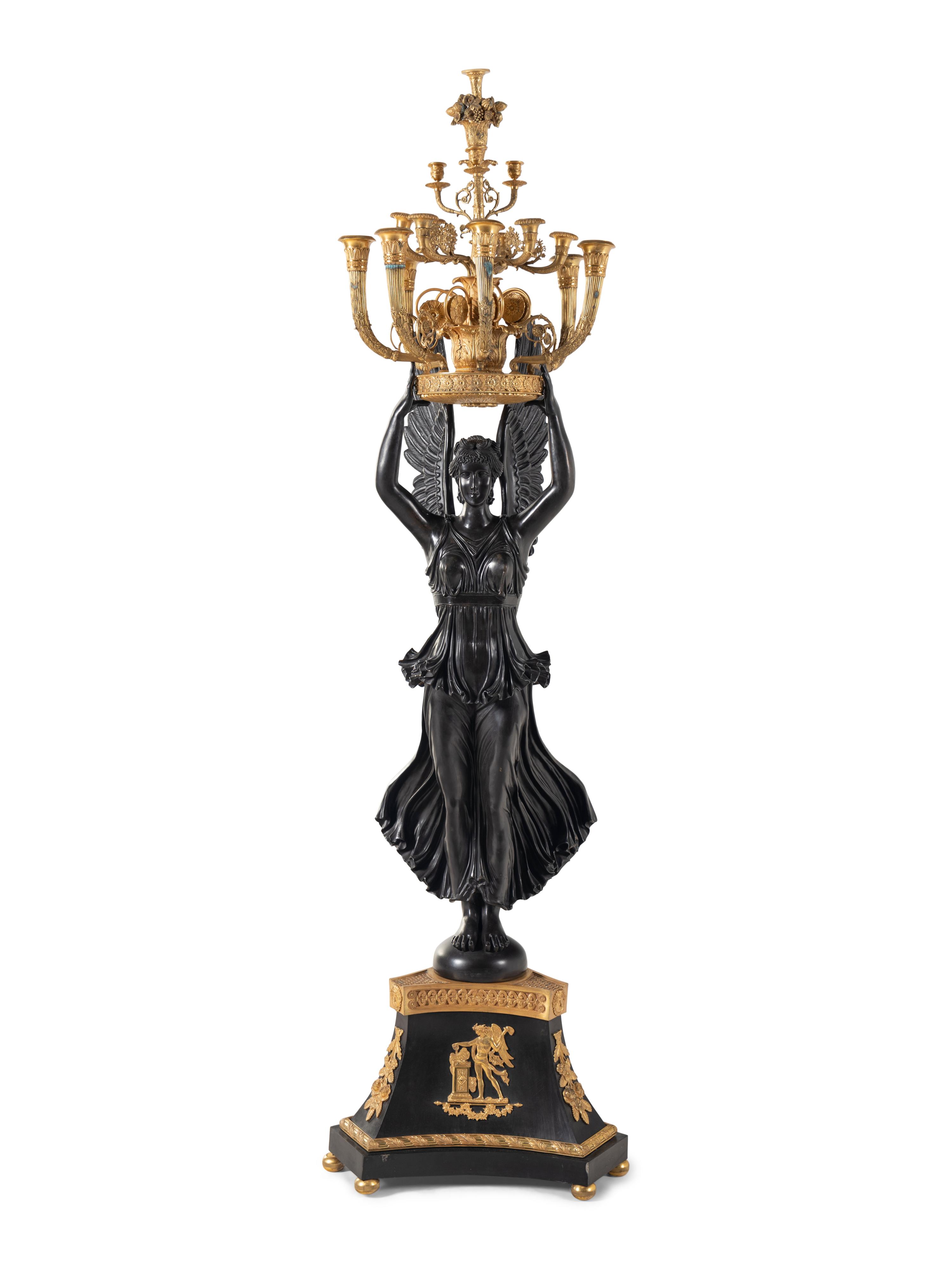 A Monumental Empire Style Gilt and Patinated Bronze Figural Torchère