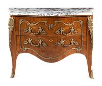 A Louis XV Style Gilt Bronze Mounted Parquetry Marble-Top Commode