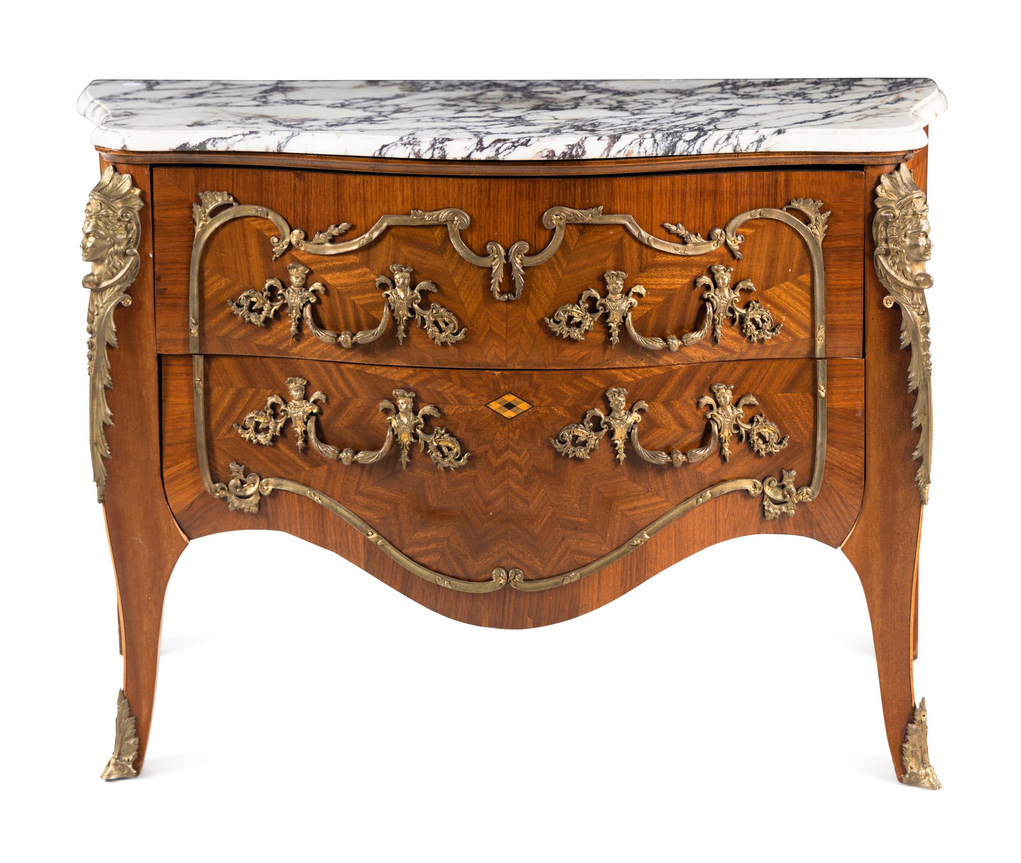 A Louis XV Style Gilt Bronze Mounted Parquetry Marble-Top Commode