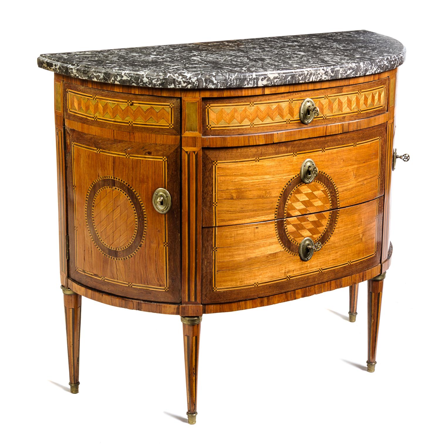 A Louis XVI Gilt Bronze Mounted Parquetry Commode Height 33 x width 38 x depth 17 inches. — 18TH CENTURY