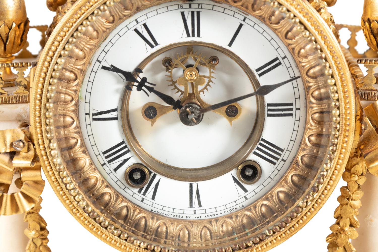 An Ansonia Gilt Bronze Mounted Marble Mantel Clock