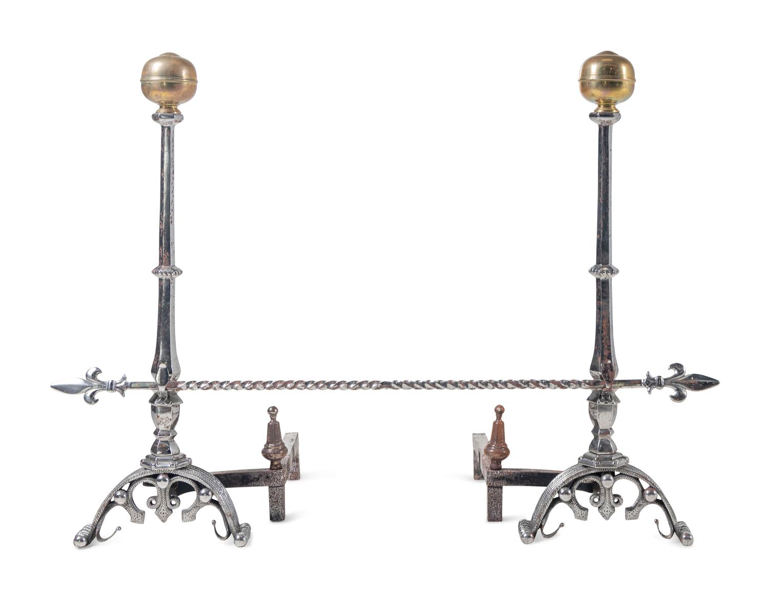 A Pair of English Brass and Steel Andirons