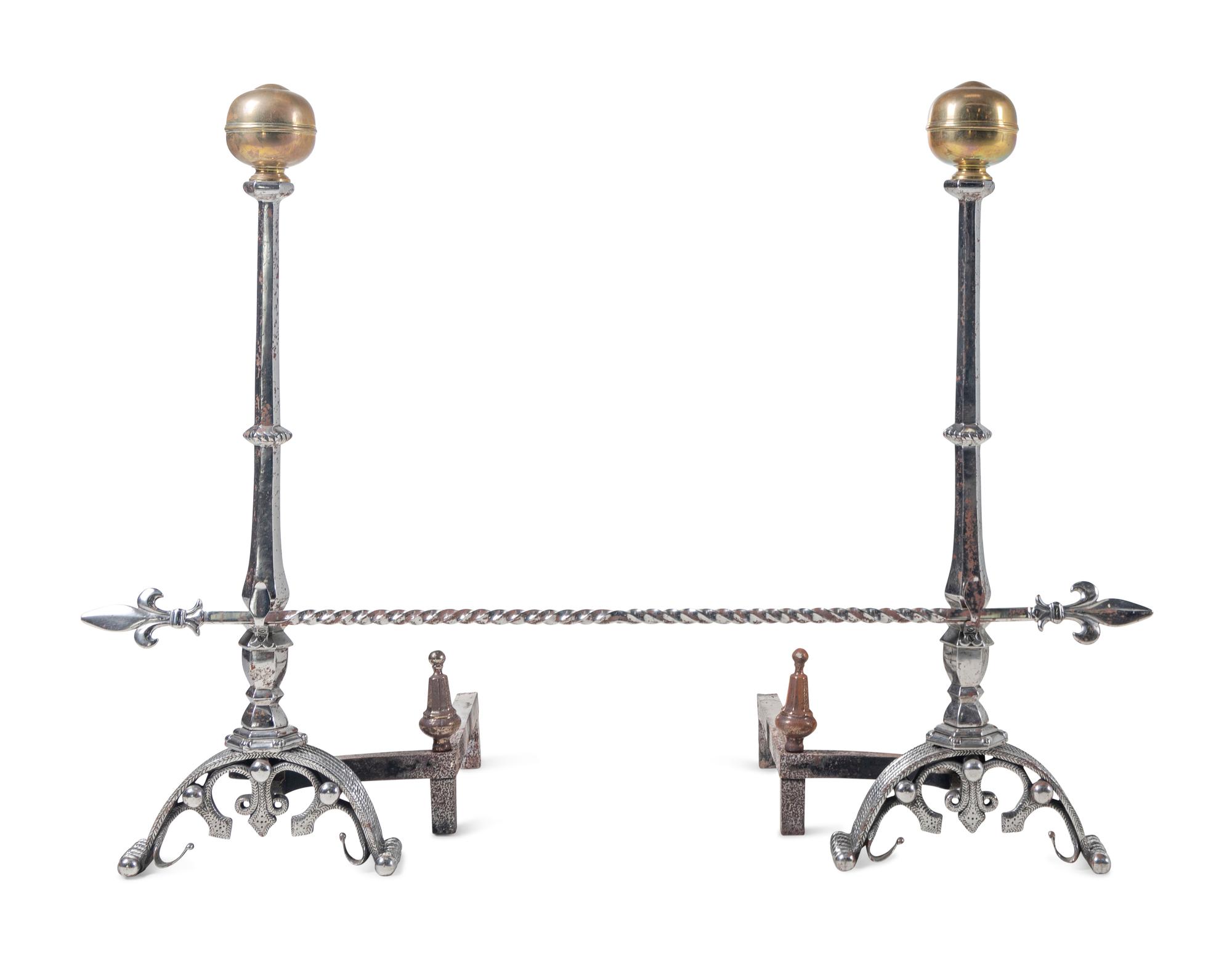 A Pair of English Brass and Steel Andirons